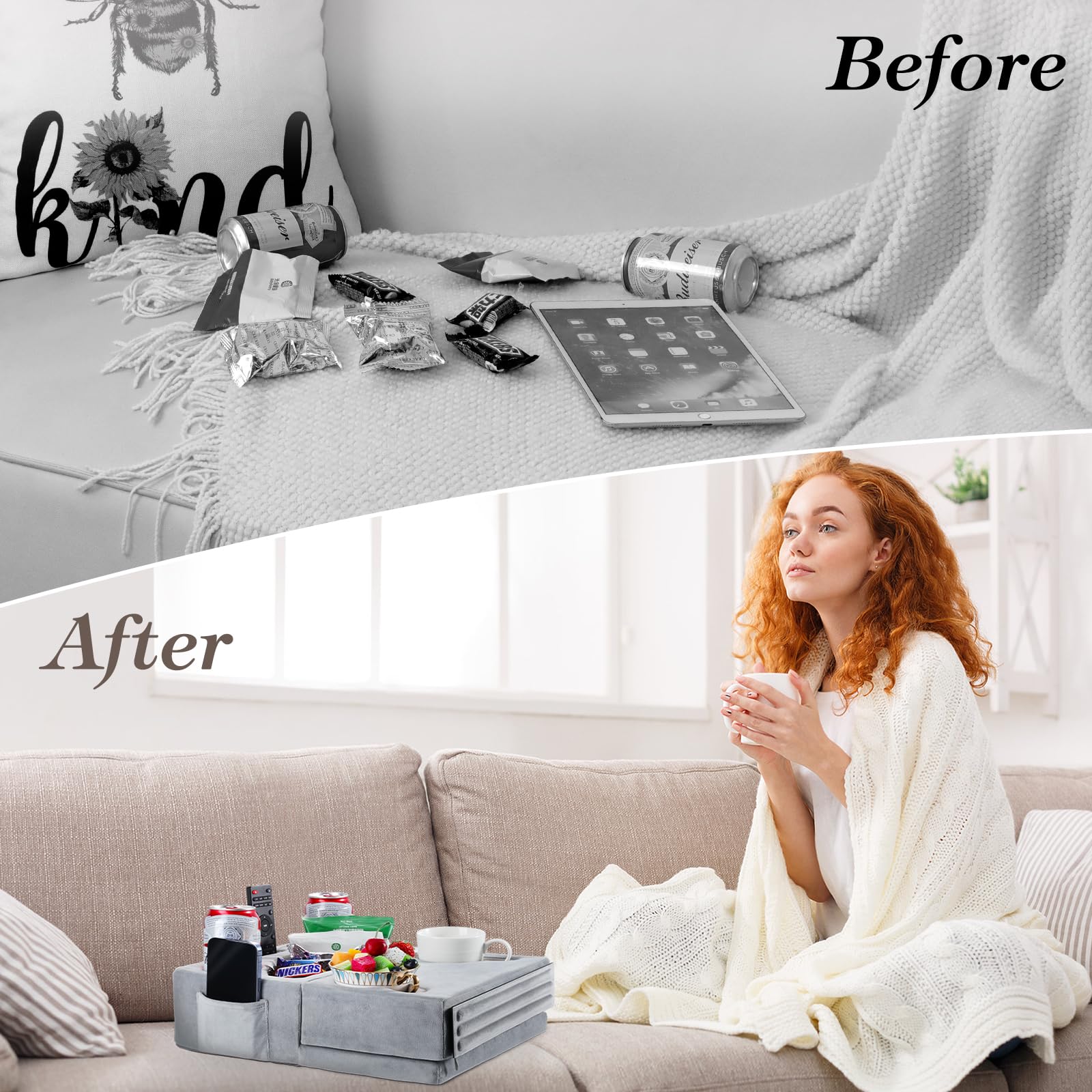 Luxspire Couch Cup Holder Tray with 8 Holes & Side Pocket - Multi-Functional Tablet Pillow Caddy for iPad, Drinks, Remote Control & Snacks (Gray) - Perfect for Living Room, Bedroom & Movie Nights