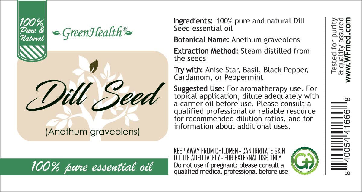 100% Pure Dill Seed Essential Oil - 1 fl oz (30ml) Glass Bottle - Aromatherapy, Massage & DIY Skincare - GreenHealth Premium Essential Oils