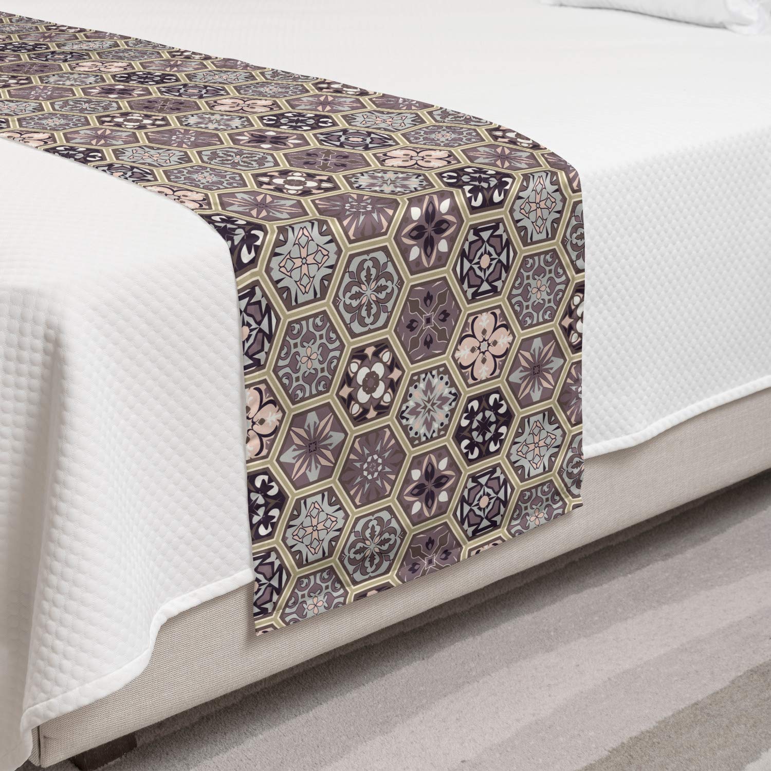 Ambesonne Antique Oriental Bed Runner with Honeycomb Floral Pattern - Decorative Bed Scarf for Hotels, Homes & Guest Rooms in Pale Tan, Dark Taupe & Grey | Perfect for Master Bedrooms, Luxury Hotels & Guest Room Decor