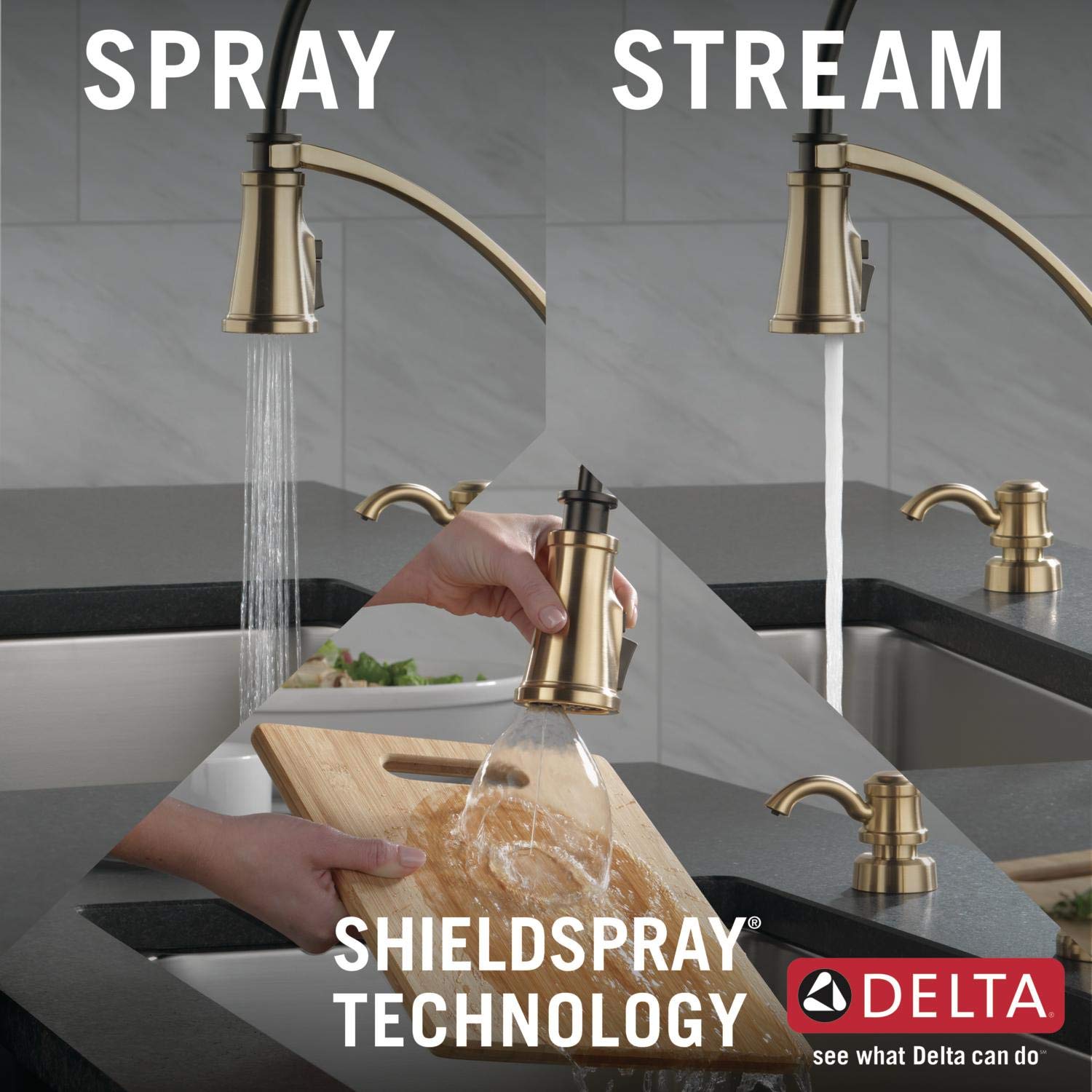 Delta Foundry Gold Kitchen Faucet with Pull Down Sprayer & Soap Dispenser - Champagne Bronze Stainless Steel Sink Faucet 19744Z-CZSD-DST | Perfect for Modern Farmhouse & Luxury Kitchen Renovations