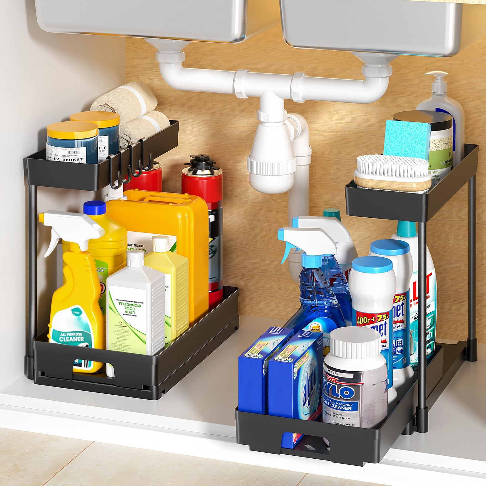 2 Pack Under Sink Organizers and Storage - 2 Tier L-Shape Pull Out Cabinet Organizer for Kitchen & Bathroom, Black Under Counter Storage with Drawer - Perfect for Maximizing Space Under Sink in Small Kitchens, Bathrooms, RVs and Apartments