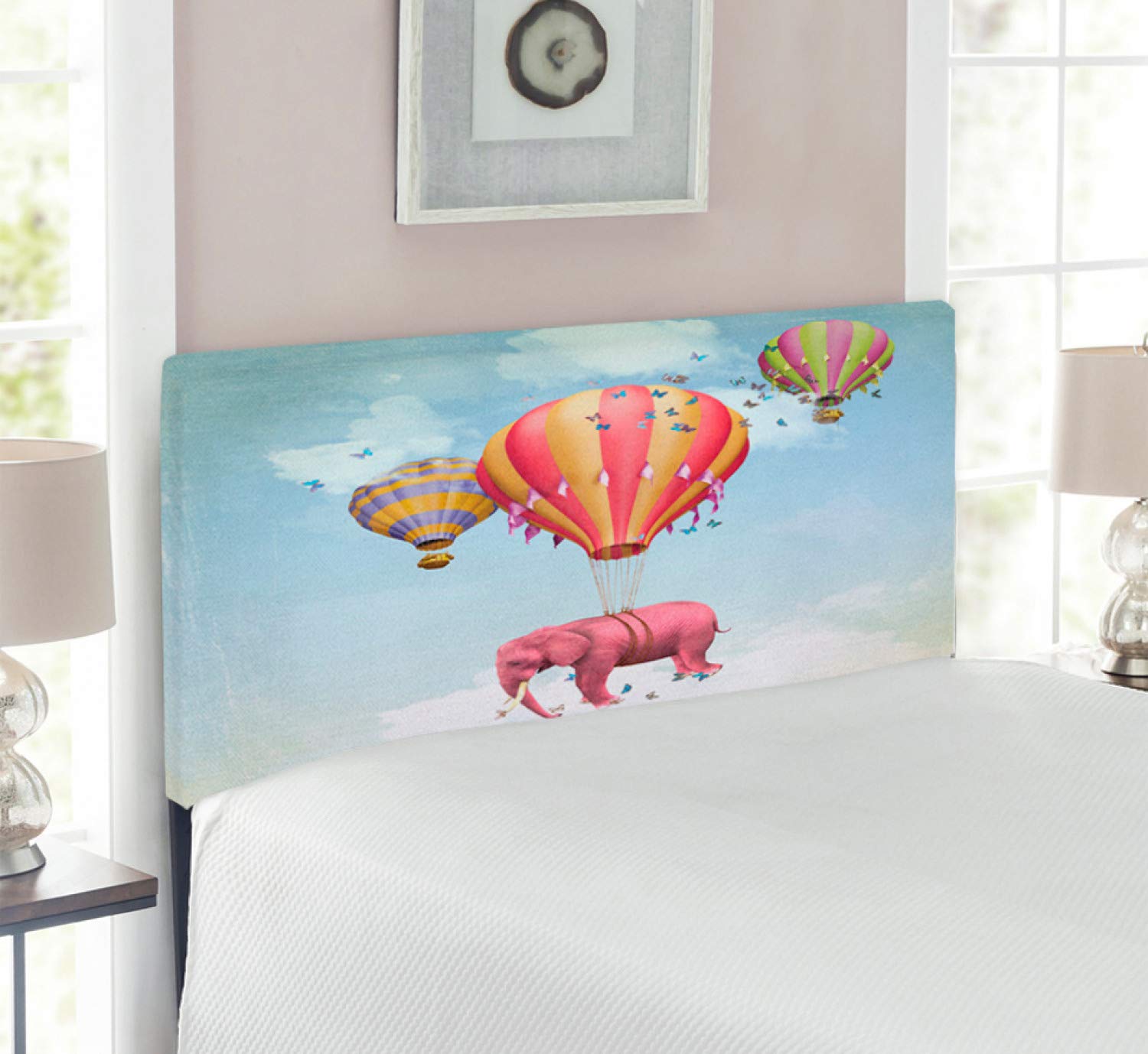Ambesonne Pink Sky Balloon Animal Headboard - Twin Size Upholstered Metal Bed Frame with Memory Foam | Travel-Themed Nursery & Kids Room Decor | Perfect for Daydreaming & Bedtime Stories