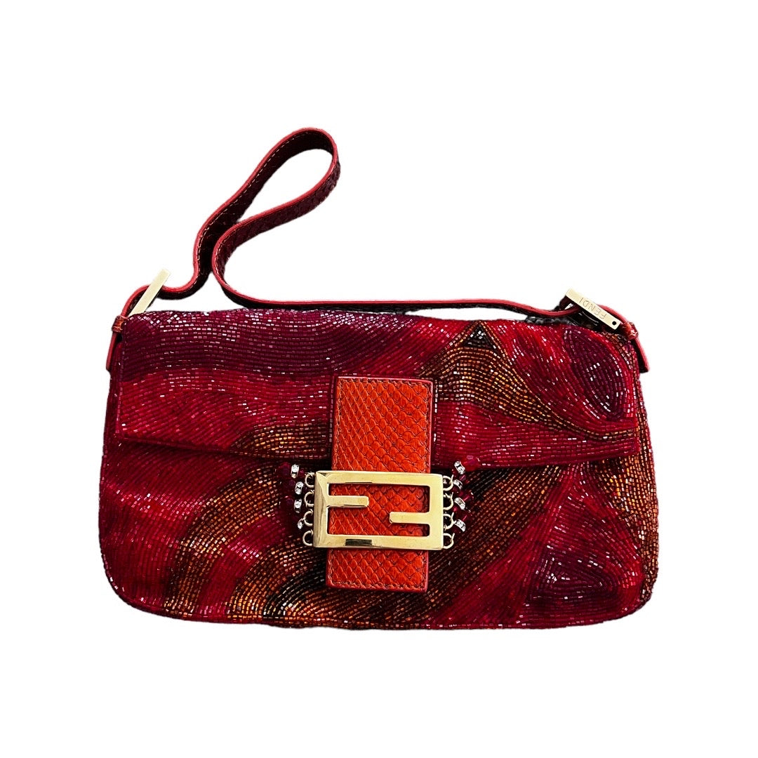 Luxury Fendi Red Beaded Baguette Bag with Crystal Charms - Perfect for Evening Parties, Weddings & Special Occasions