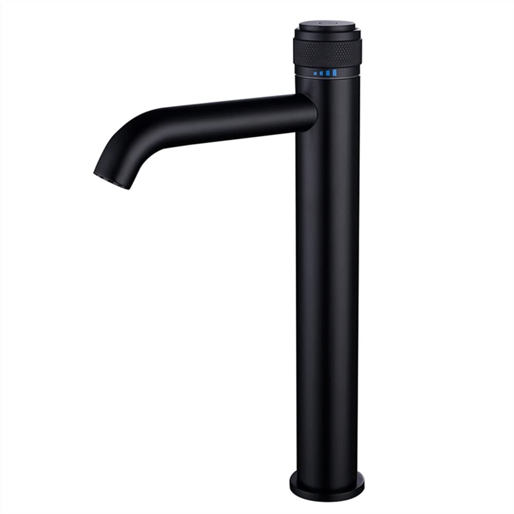 Premium Brass Bathroom Sink Faucet with Push Button - Deck Mounted Single Handle Tall Washbasin Faucet - Hot & Cold Water Mixer Tap in Chrome/Black - Perfect for Modern Bathrooms & Powder Rooms (Tall Curved Black)