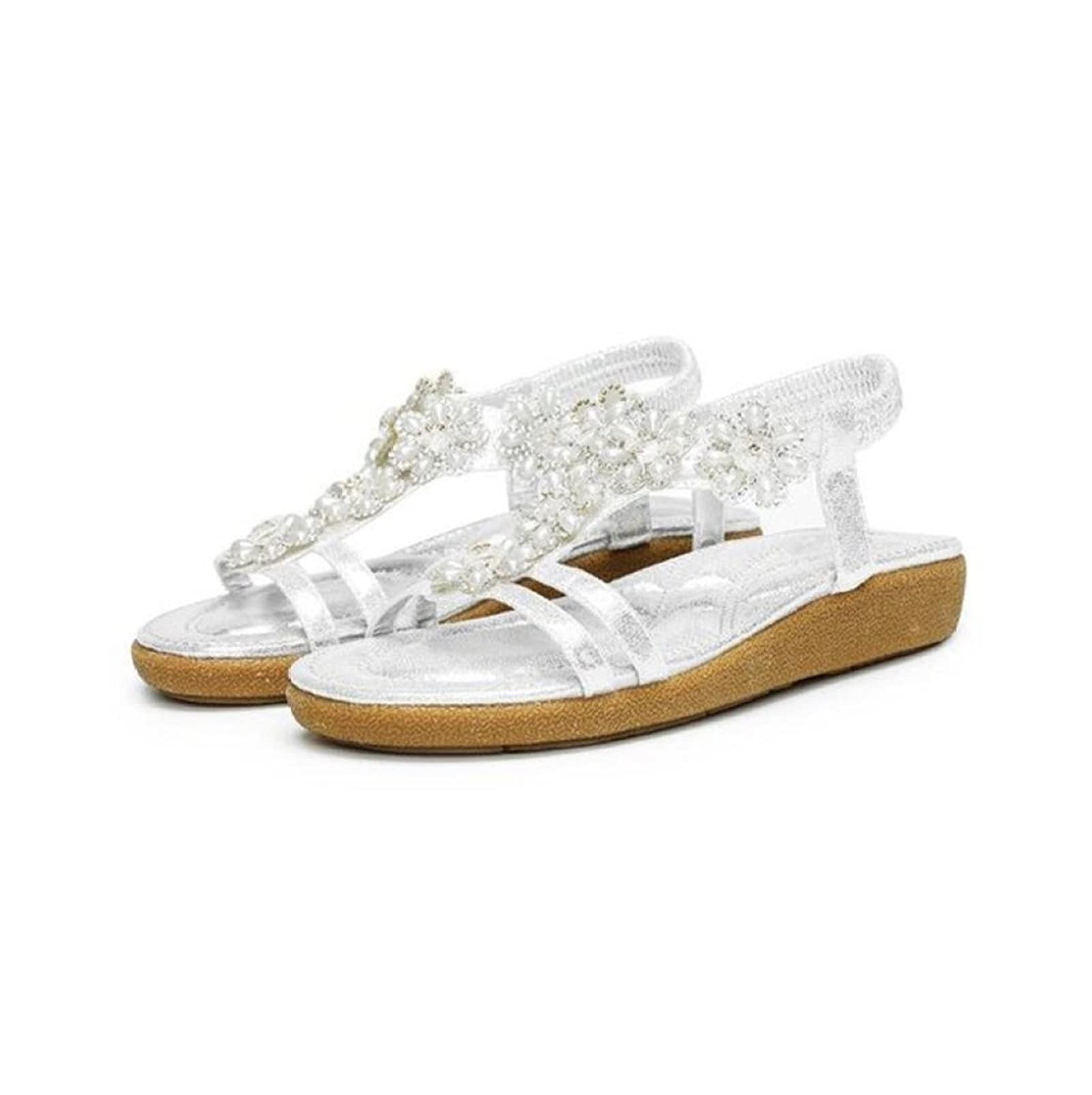 Stylish Rhinestone & Flower Flat Sandals for Women - Non-Slip Summer Beach Shoes (Silver, Size 5) | Perfect for Vacation, Walking & Outdoor Activities