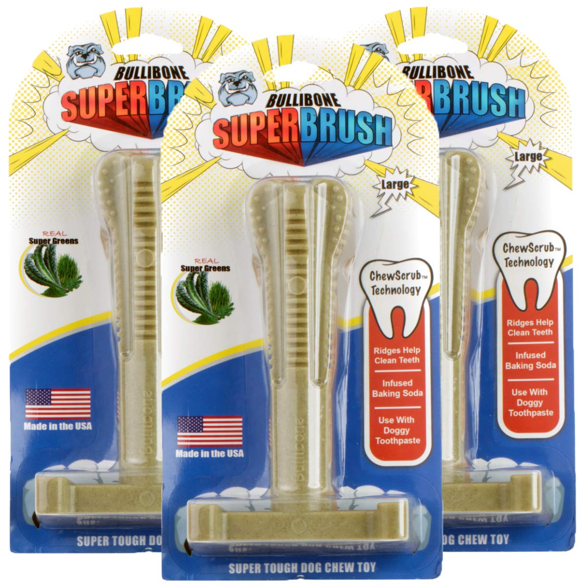 Bullibone SuperBrush: Long-Lasting Nylon Dog Toothbrush Chew Toy for Dental Health & Oral Care - Minty Fresh Breath, Plaque Removal, Healthy Gums - Perfect for Small, Medium & Large Dogs at Home or Travel