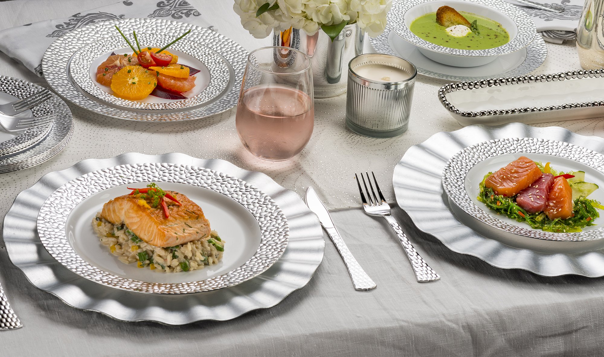 Laura Stein 12oz Plastic Soup Bowls - 8 Pack, Silver Border for Parties & Weddings