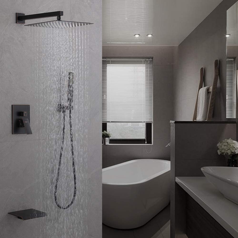 3-Function Square Shower Faucet Set with 12 Inch Rain Shower Head & Handheld - Oil Rubbed Bronze Finish for Luxurious Bathroom Upgrade | Perfect for Master Bath, Spa-Like Experience & Modern Home Renovation
