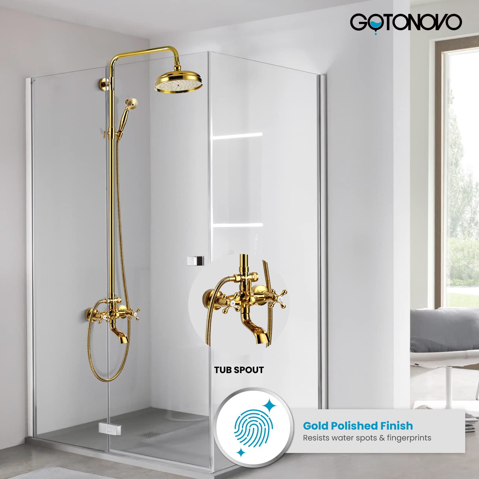 Gotonovo 8 Inch Round Rain Shower Head with Double Cross Handle & Tub Spout - Polished Gold Wall Mount Bathroom Faucet Mixer - 3 Function Metal Handheld Sprayer - Perfect for Modern Bathroom & Spa-Like Shower Experience