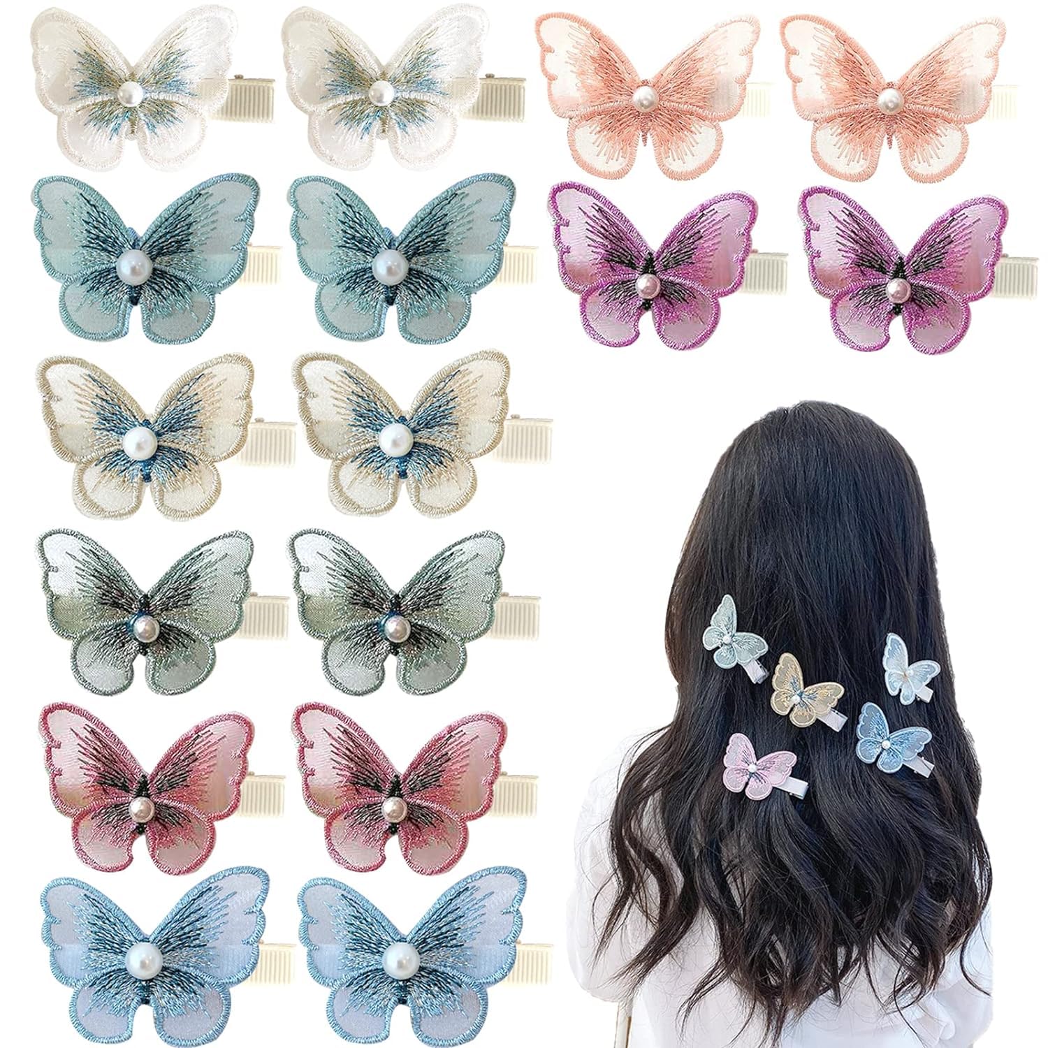 6PCS Butterfly Hair Clips - Lace Flower Barrettes for Women & Girls - Wedding & Party Accessories