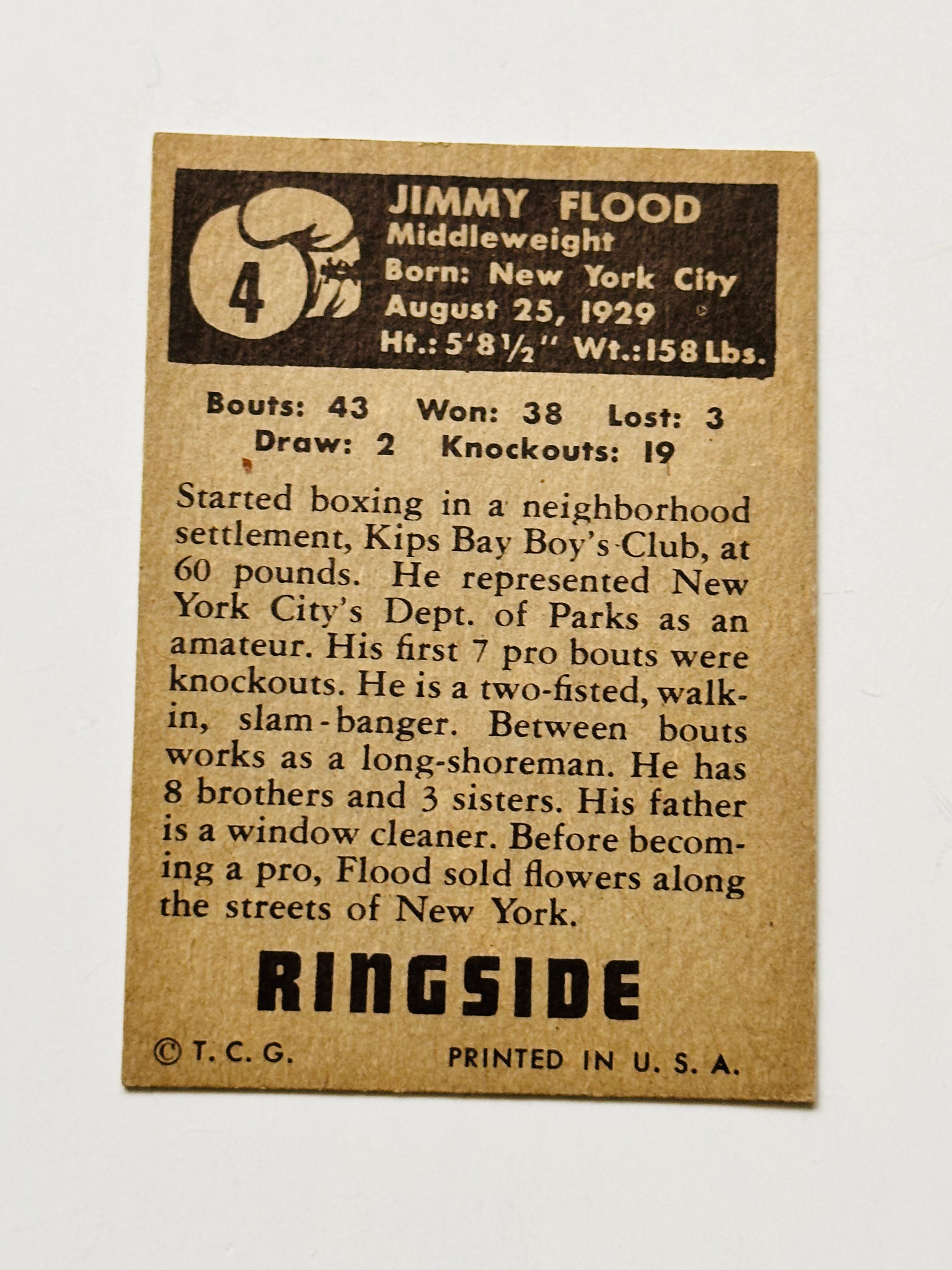 Vintage 1951 Ringside Boxing Jimmy Flood Trading Card - Collectible Sports Memorabilia for Boxing Fans & Card Collectors | Perfect for Display, Gifts, and Nostalgic Collections