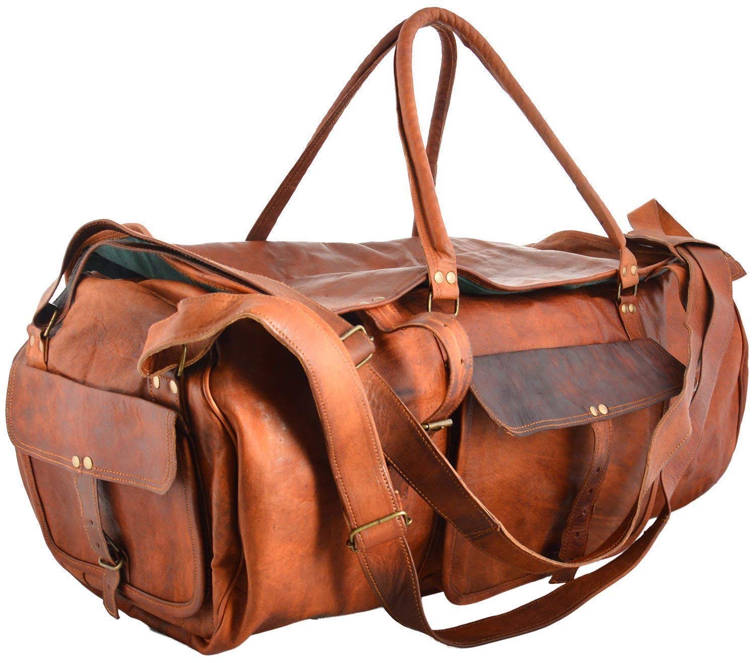 Premium 100% Genuine Goat Leather Duffle Bag - Handcrafted Large Travel & Gym Bag (24