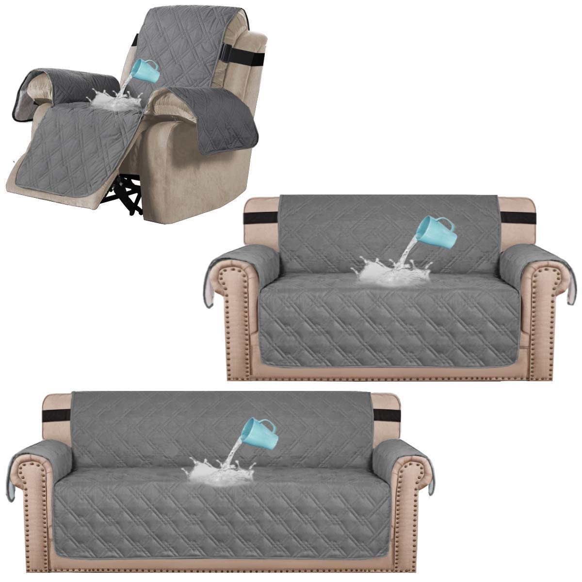 H.VERSAILTEX 100% Waterproof Quilted Sofa Cover & Loveseat Cover Set - Oversized Recliner Slipcover for Pets, Kids & Spills Protection - Perfect for Living Room, Family Room & Home Theater Seating