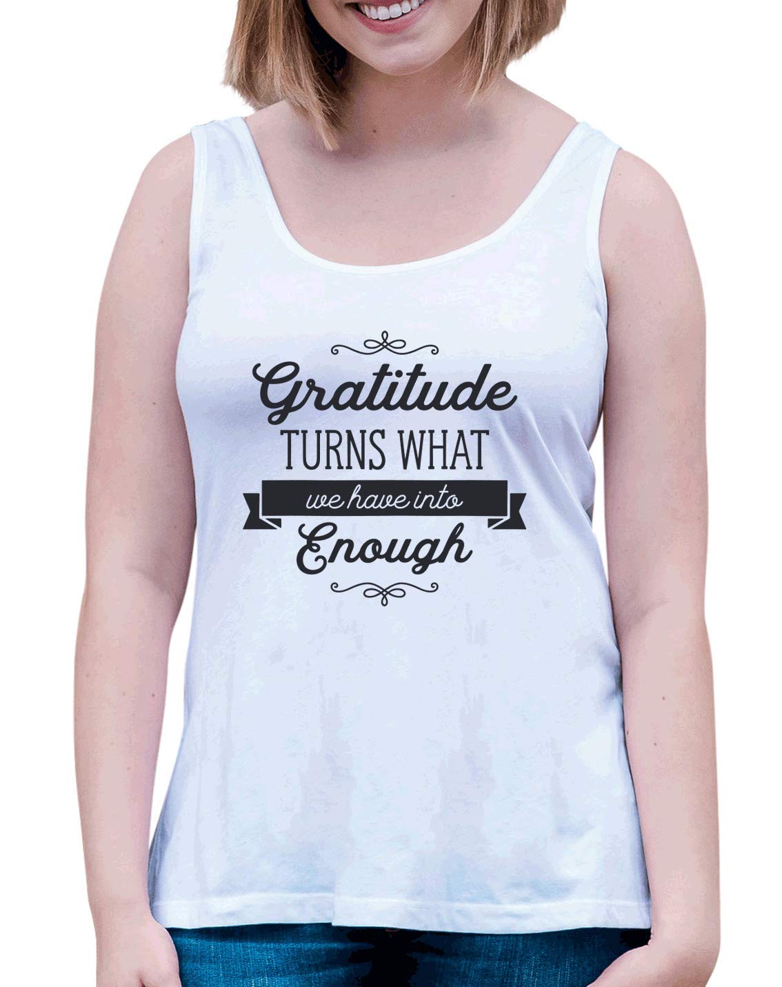 7 ate 9 Apparel Women's Gratitude Inspirational Tank Top - White - Motivational Workout Shirt for Yoga, Gym & Casual Wear