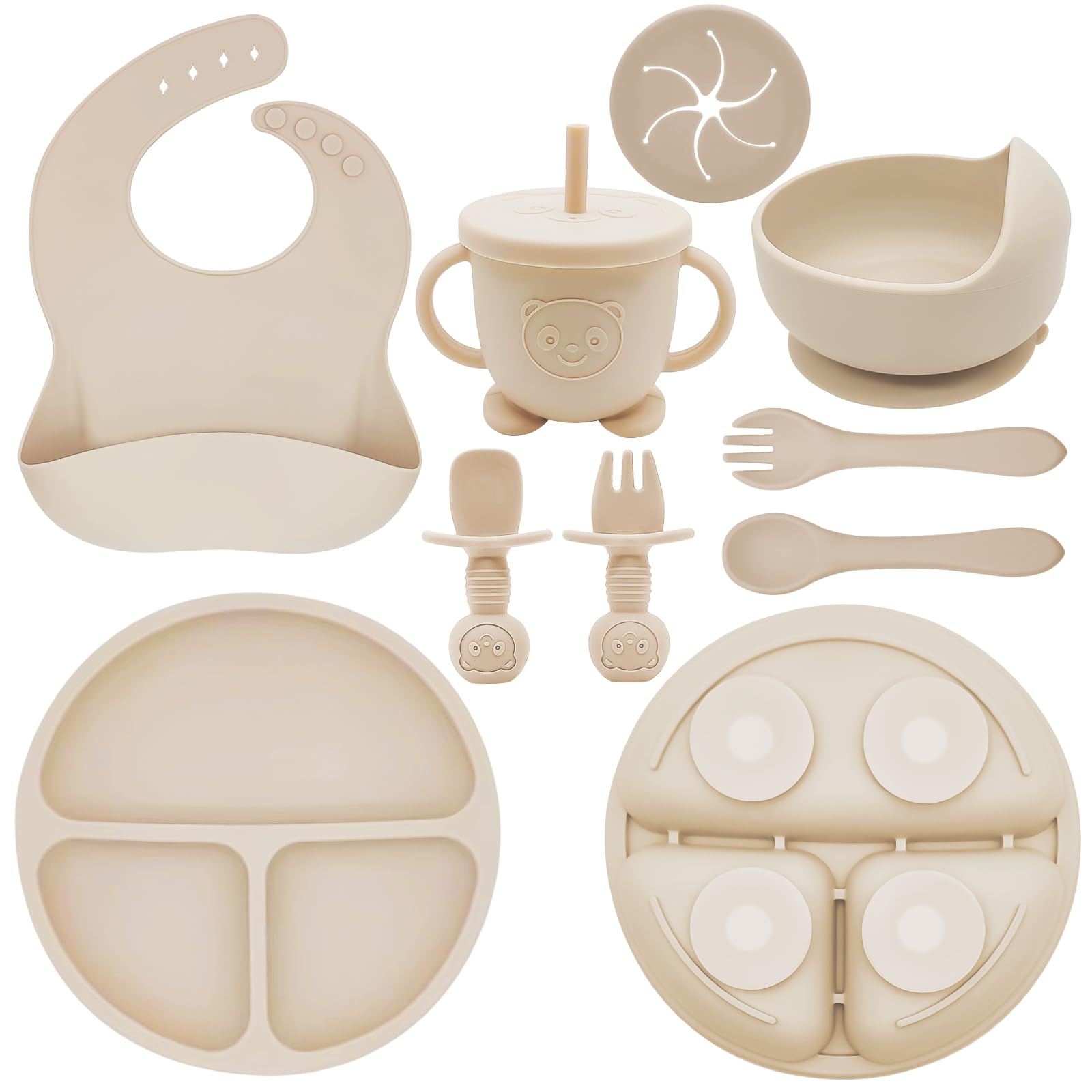 Organic Silicone Baby Feeding Set - BPA-Free Suction Bowls, Divided Plates, Adjustable Bib & Utensils for Infant Self-Feeding | Perfect for Baby-Led Weaning, Toddler Mealtime & On-the-Go Feeding | Includes Spoons, Forks & Training Cup (Beige)