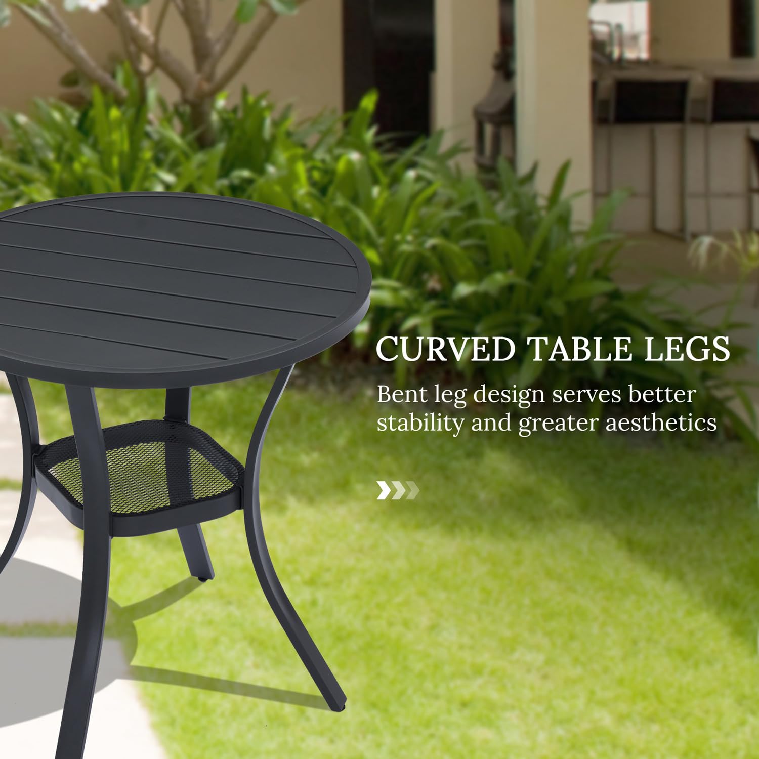 VICLLAX 27.5 Inch Round Outdoor Patio Table - All-Weather Metal Garden Dining Table with Storage Shelf - Compact 2-Person Black Tabletop for Backyard, Balcony & Small Spaces