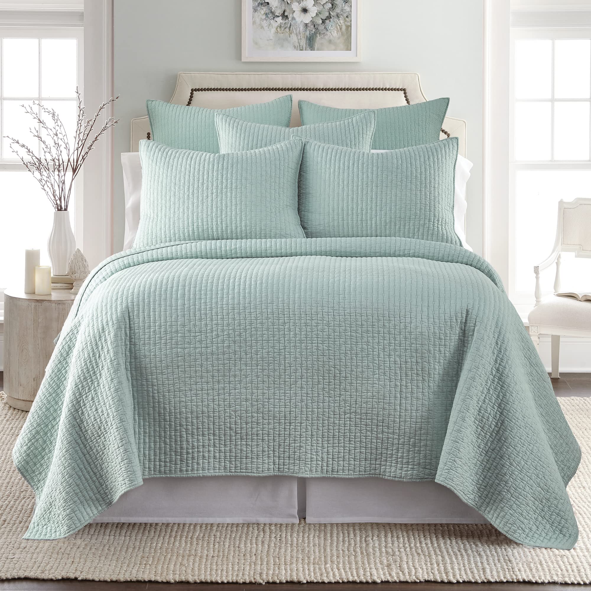 Levtex Home - 100% Cotton Reversible Cross Stitch Blue Haze Quilt Set - Full/Queen Size (88x92in) with 2 Standard Shams (26x20in) - Soft Breathable Bedding for Cozy Bedroom Decor