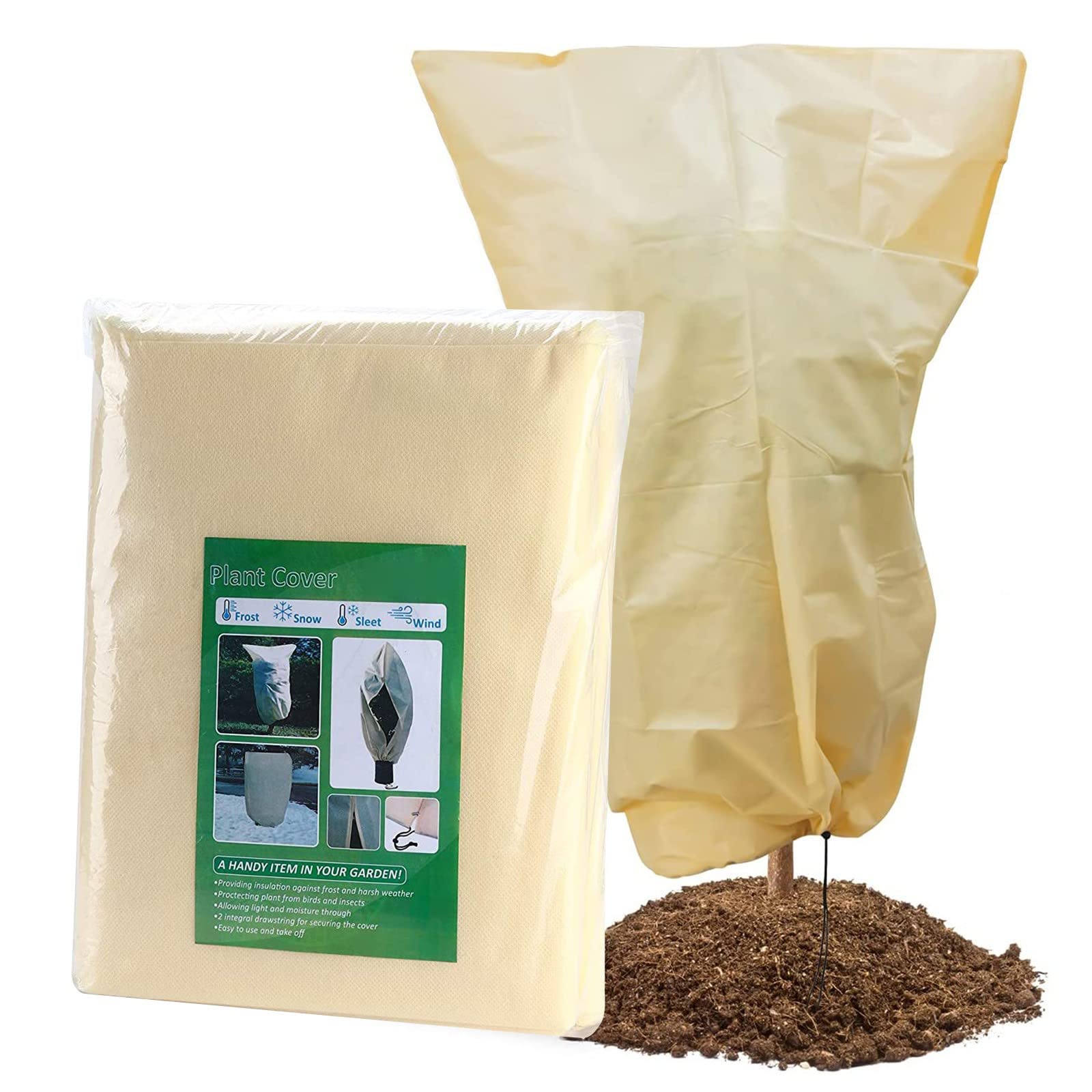 Guolarizi Frost Drawstring Antifreeze Bag - Winter Plant Protection Cover, Thickened Insulated Plant Cover for Cold Weather (Beige, Medium) - Perfect for Outdoor Potted Plants, Shrubs & Delicate Flowers in Winter