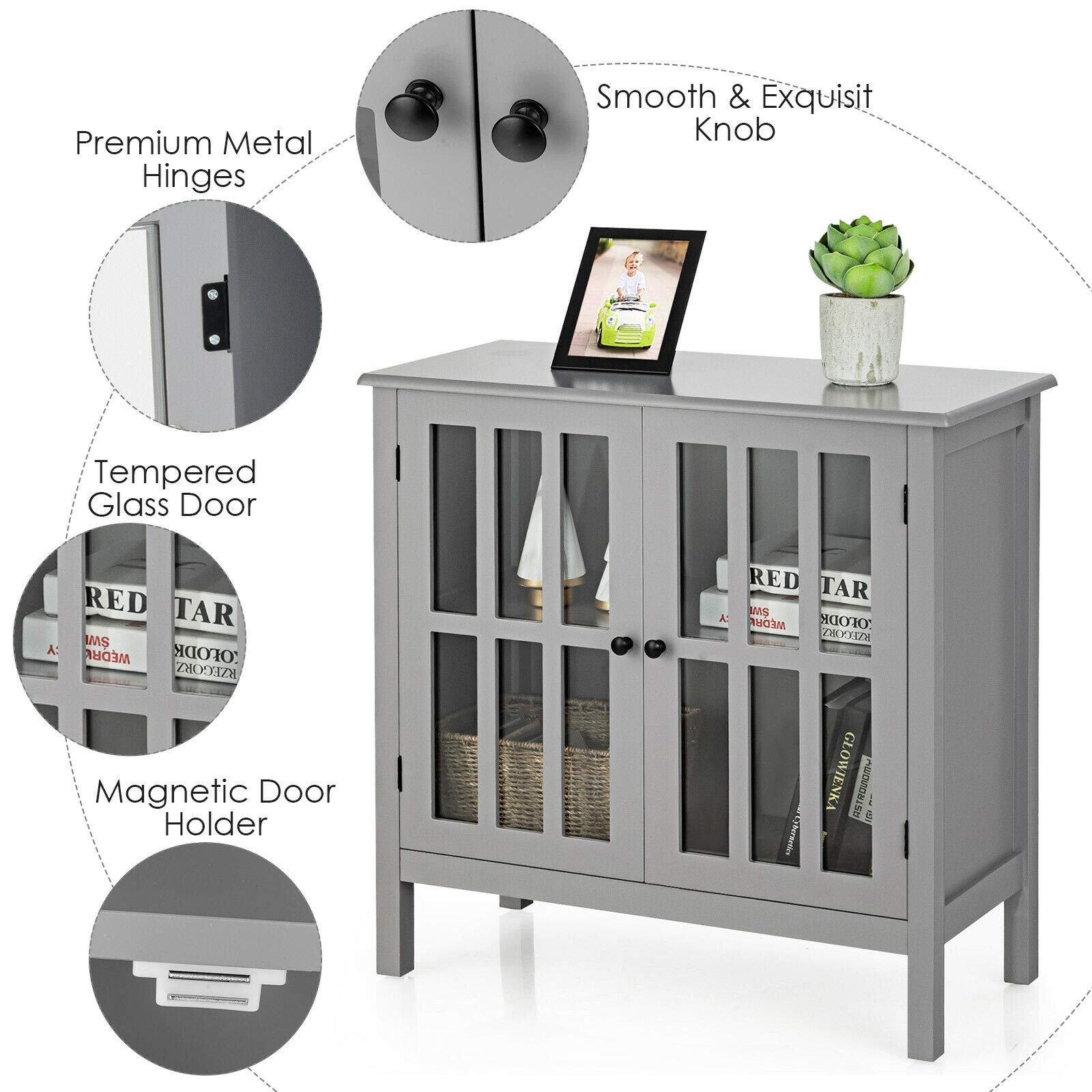 Modern Elegant Storage Buffet Cabinet Console Table Sideboard with Glass Door - Sturdy & Durable Free Standing Furniture for Bathroom, Hallway, Living Room - Perfect for Home Organization & Stylish Decor in Gray