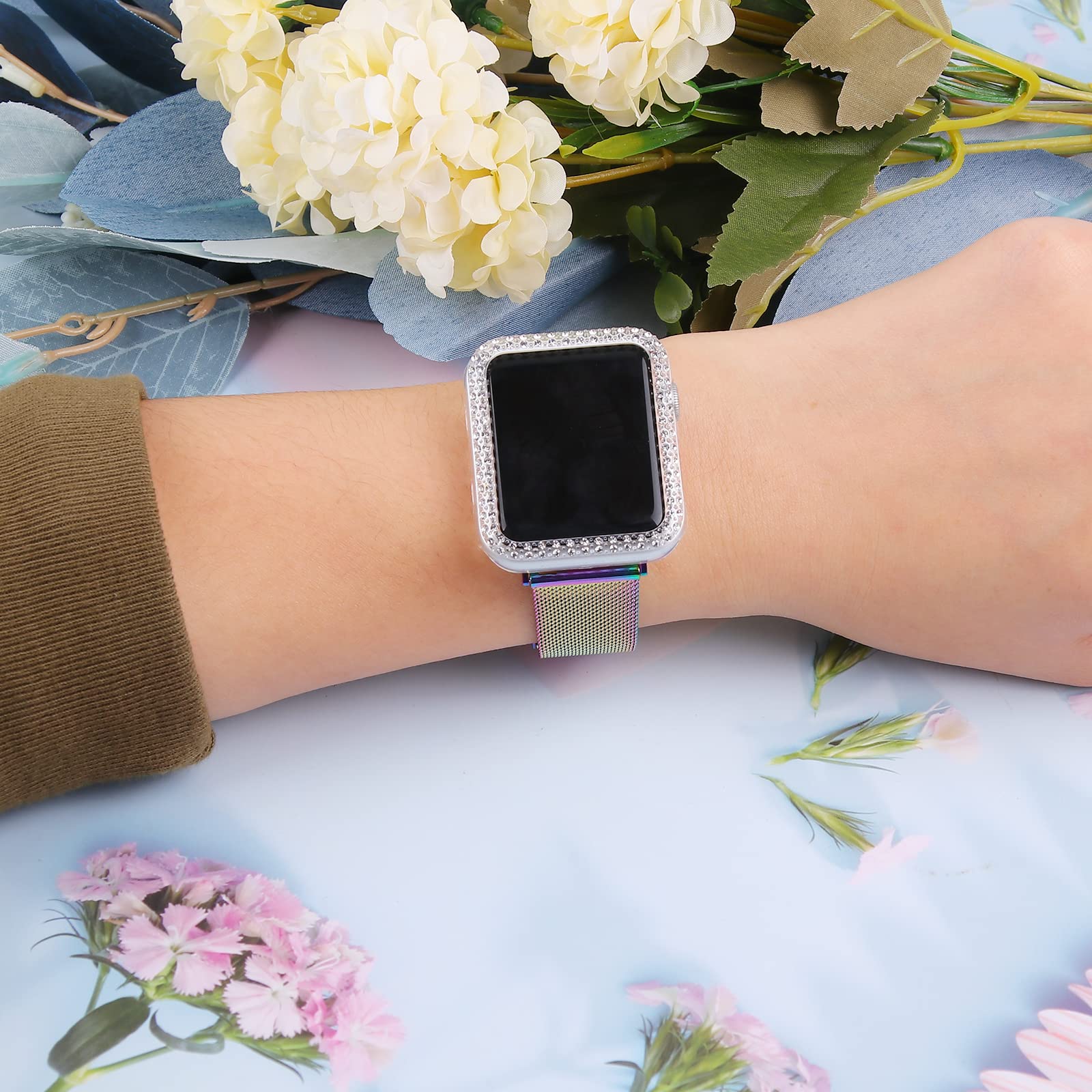 Elegant Bling Stainless Steel Mesh Apple Watch Band for Women - Adjustable Breathable Replacement Strap Compatible with Apple Watch Series SE/6/5/4/3/2/1 (38mm 40mm 42mm 44mm) - Perfect for Workout, Gym, Running, Yoga, Office, Business Meetings, Dating, Travel, Parties & Everyday Wear - Great Gift for Her | Fashionable & Comfortable for All Occasions