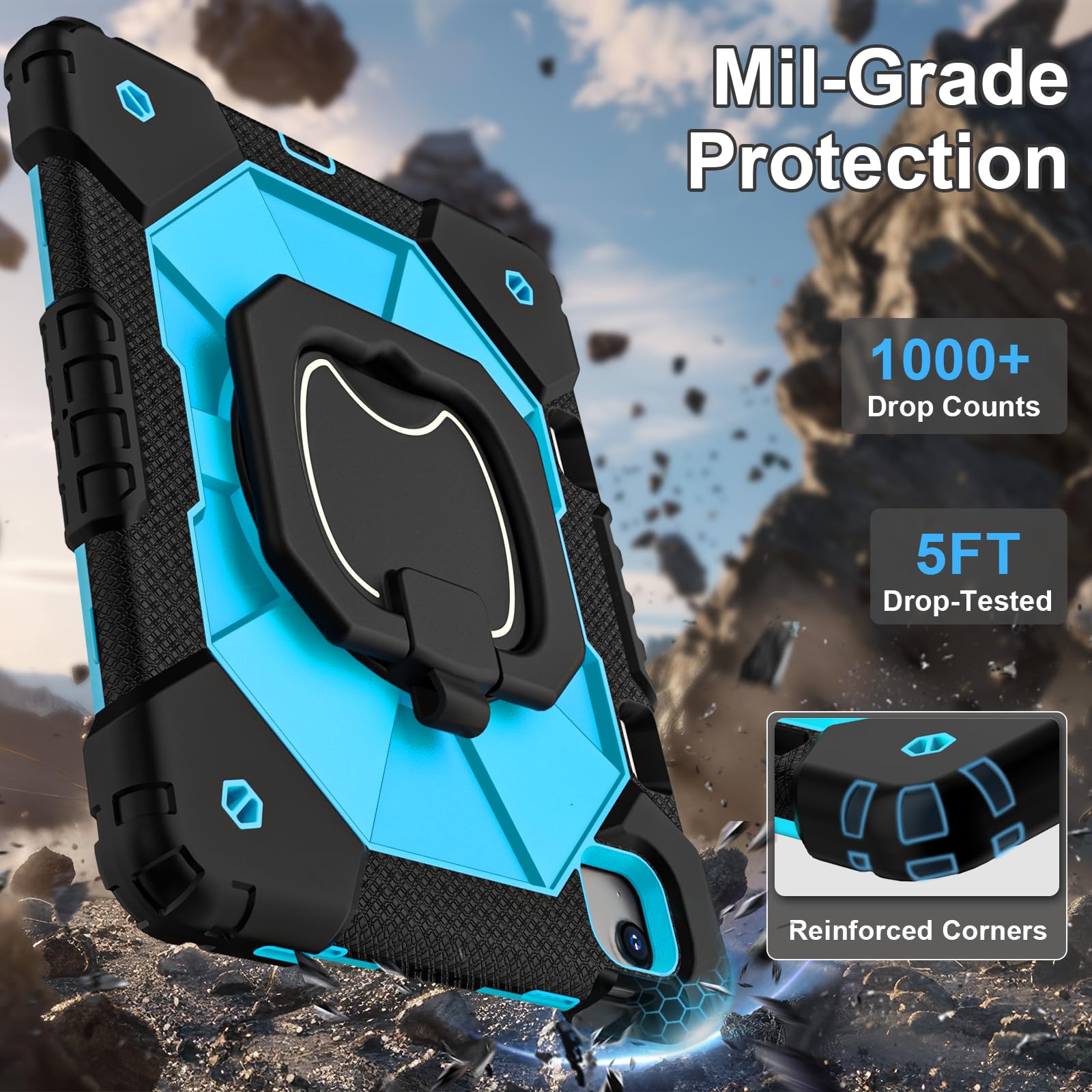 Heavy Duty iPad Air 11 Inch Case for M3/M2 (2025/2024) - 7th/6th Generation Protective Cover with Rotating Stand, Screen Protector, Pencil Holder & Shoulder Strap (Black/Blue) - Perfect for Work, Travel & School Use