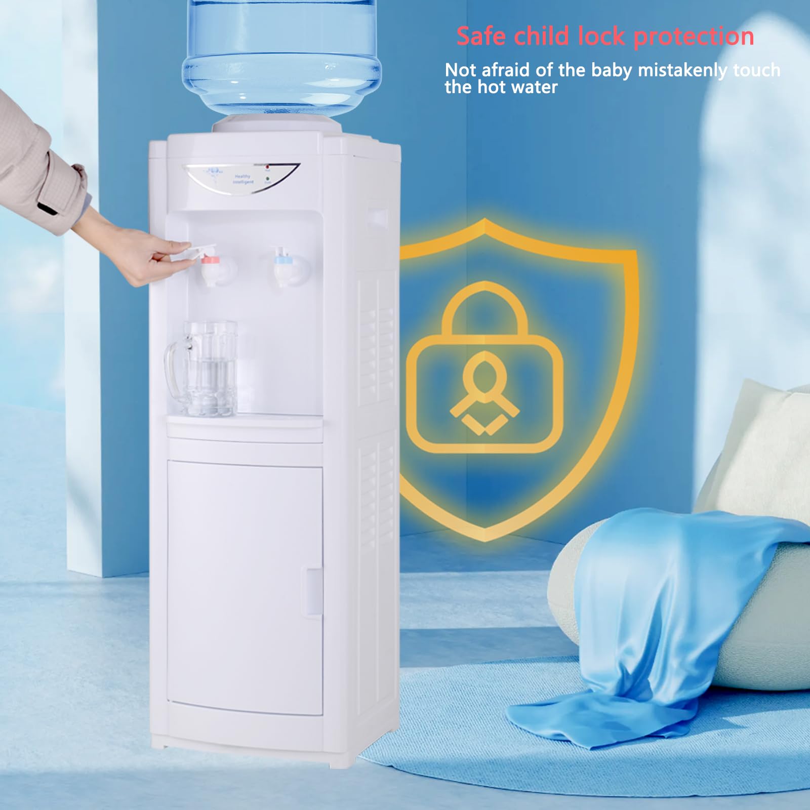 Top-Loading Water Cooler Dispenser with Child Safety Lock | Hot & Cold Standing Water Cooler for 3/5 Gallon Bottles | Ideal for Home, Office, School & Gym | White