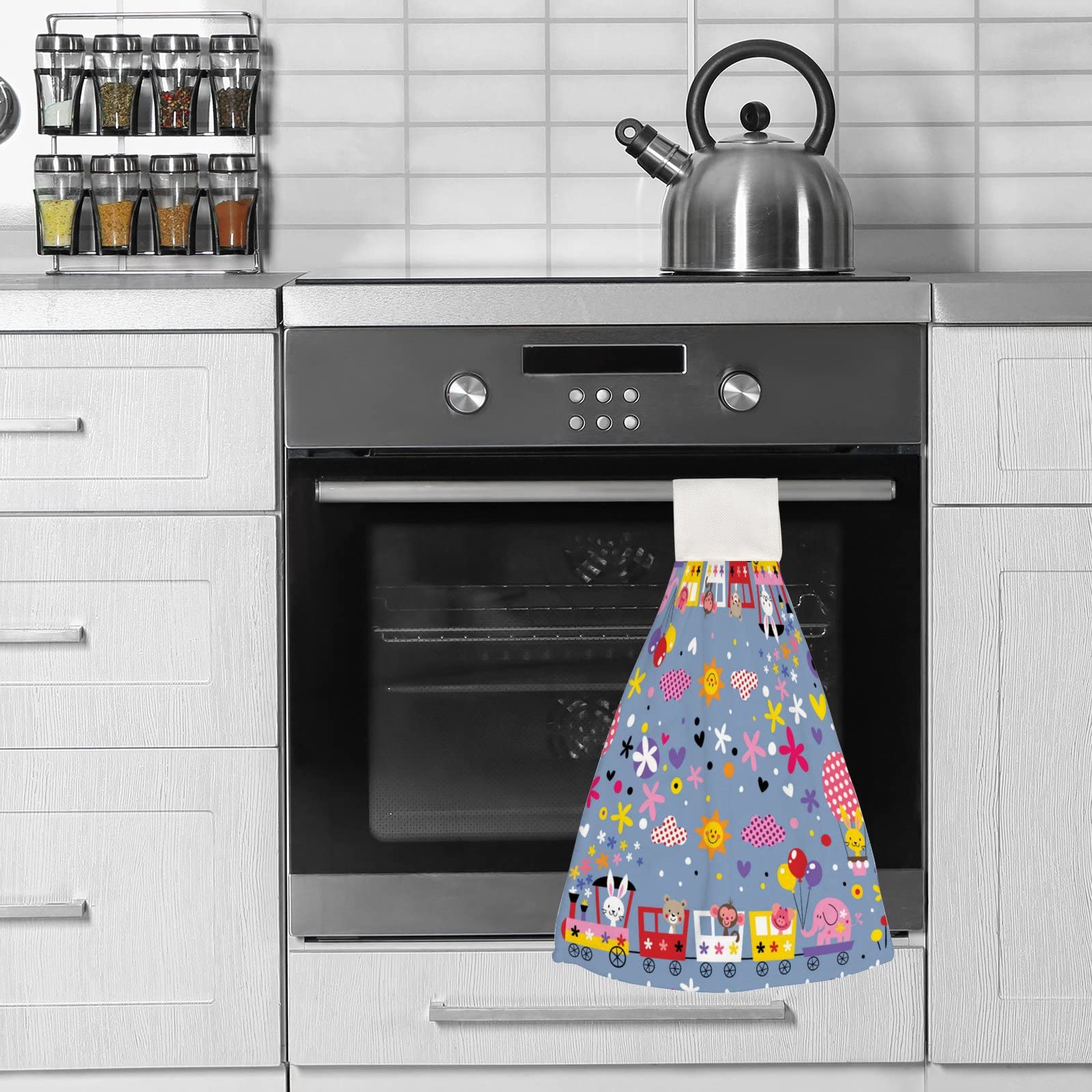 Kids Cartoon Animal Train Hanging Hand Towels Set of 2 - Super Absorbent Soft Bathroom Kitchen Towels with Loops, Machine Washable - Perfect for Kids' Bathrooms, Kitchens & Playrooms