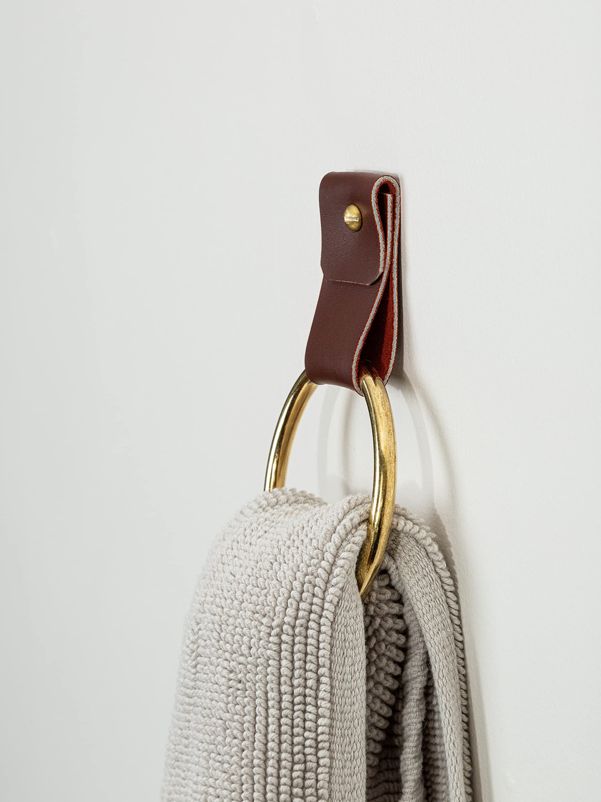 KEYAIIRA Small Wide Leather Wall Hook - Minimalist Steel Towel Ring, Wall Mounted Leather Loop Strap for Hand Towels, Bathroom Storage & Decorative Organizer - Perfect for Bathrooms, Kitchens, and Entryway Organization