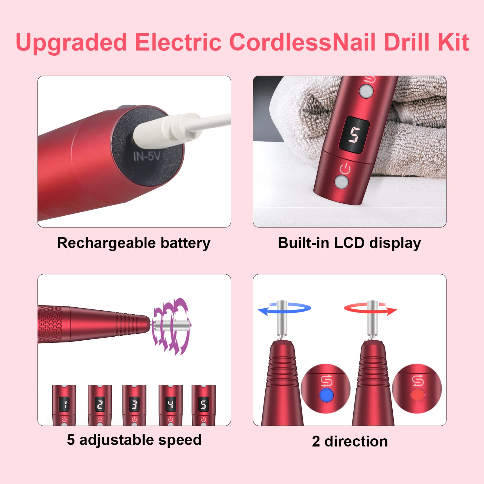PELCAS Cordless Electric Nail Drill Kit with LCD Display - 5 Adjustable Speeds up to 20000RPM Professional Nail File Machine for Acrylic & Gel Nails - Perfect for Salon, Home Manicure & Pedicure Care