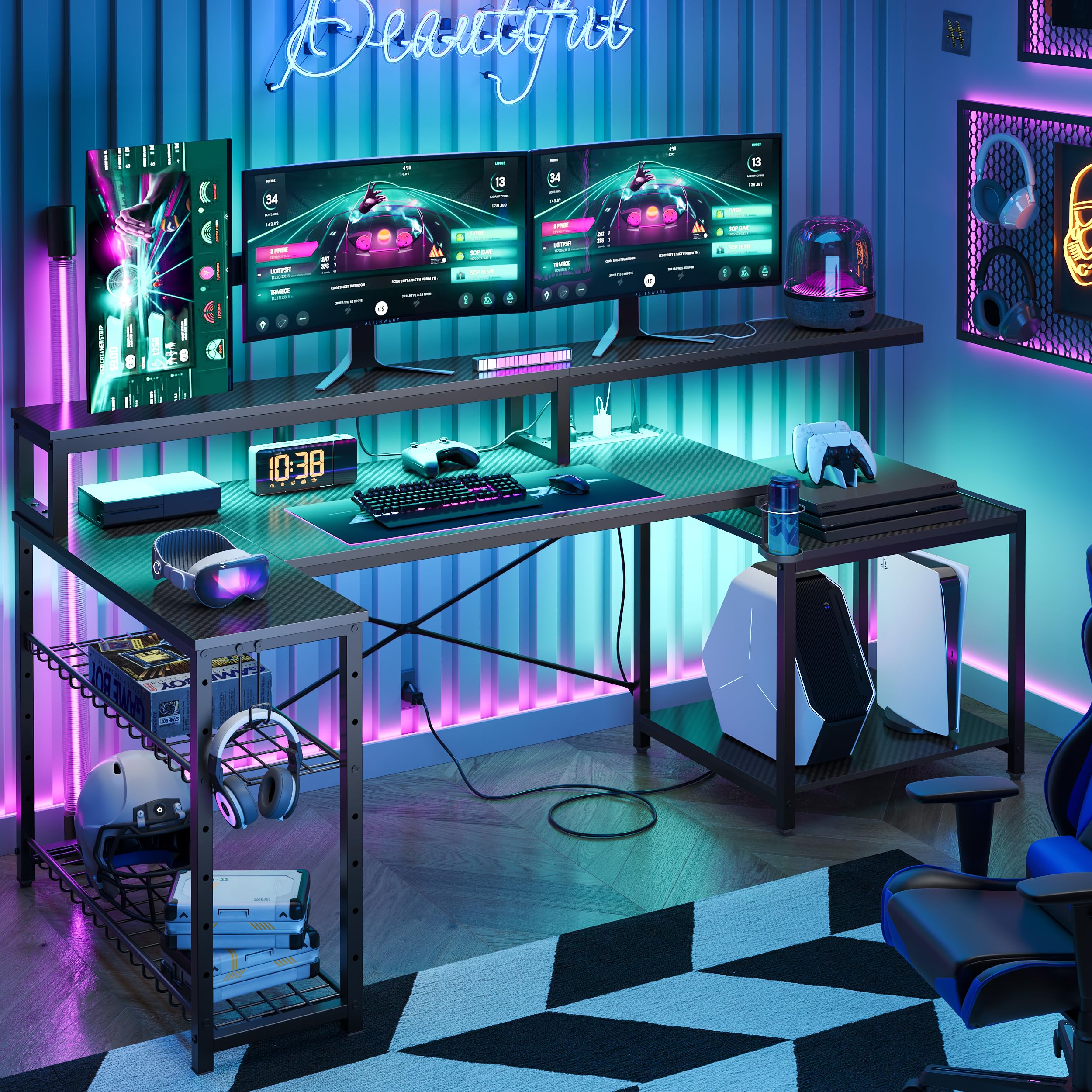 Bestier L-Shaped Gaming Desk with Power Outlets & LED Lights - Black Corner Computer Desk with Storage Shelf & Headset Hooks - Perfect for Home Office, Streaming Setup & Esports Gaming Stations