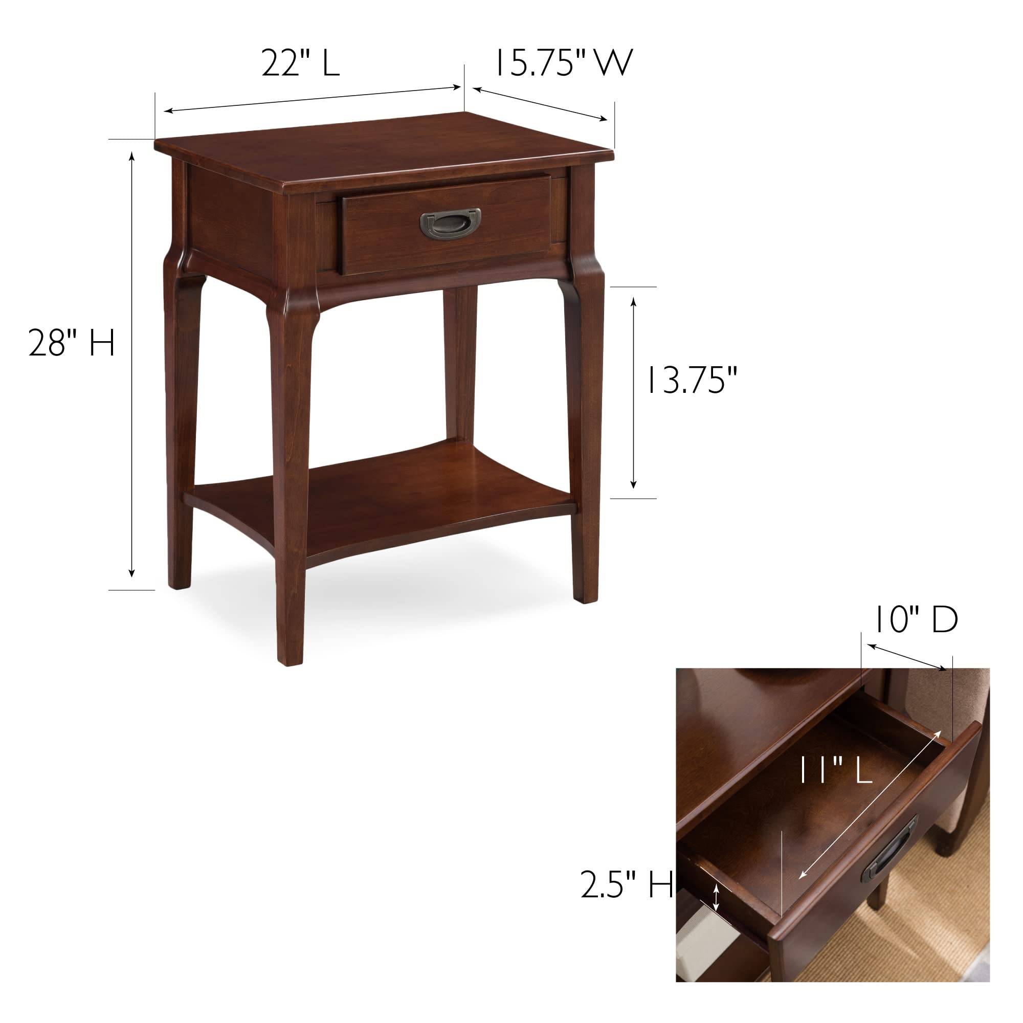 Leick Home 22022 Stratus One Drawer Nightstand with Shelf - Heartwood Cherry Finish Bedside Table for Bedroom, Living Room & Office