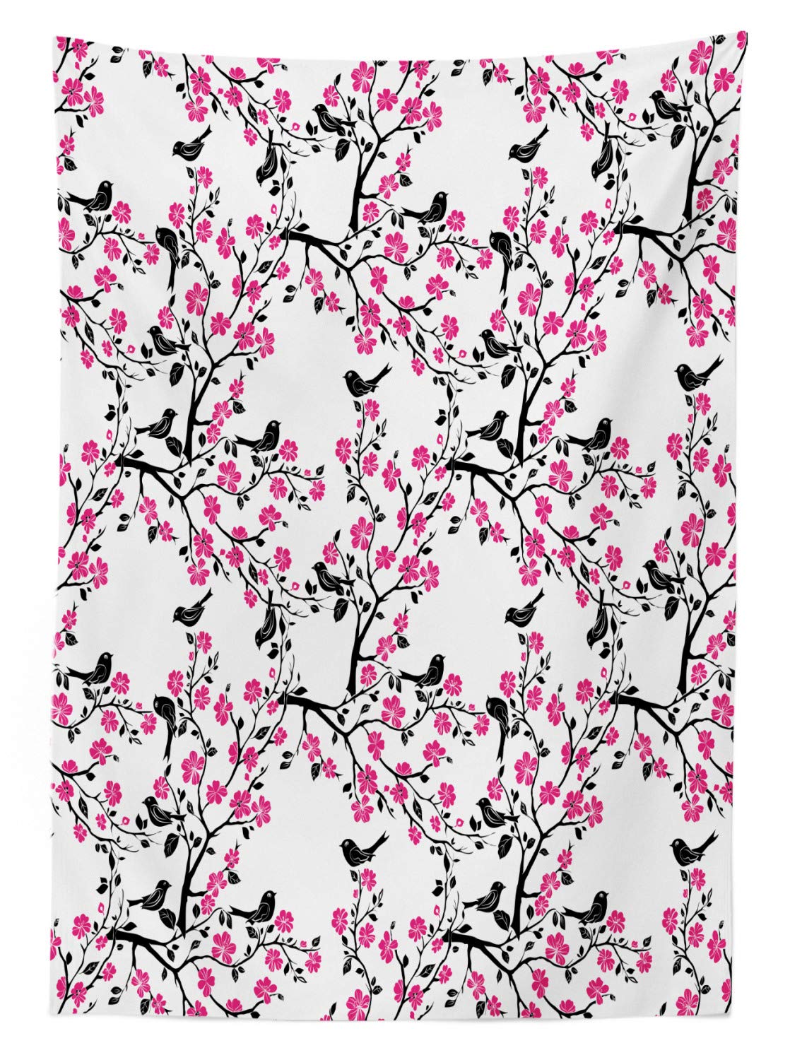 Ambesonne Cherry Blossom Outdoor Tablecloth - Sakura Tree with Blooming Flowers & Birds Black Silhouette Design - Washable Picnic Table Cover 58x84 Inches in Black, Hot Pink & White - Perfect for Spring Parties, Garden Dining & Outdoor Picnics