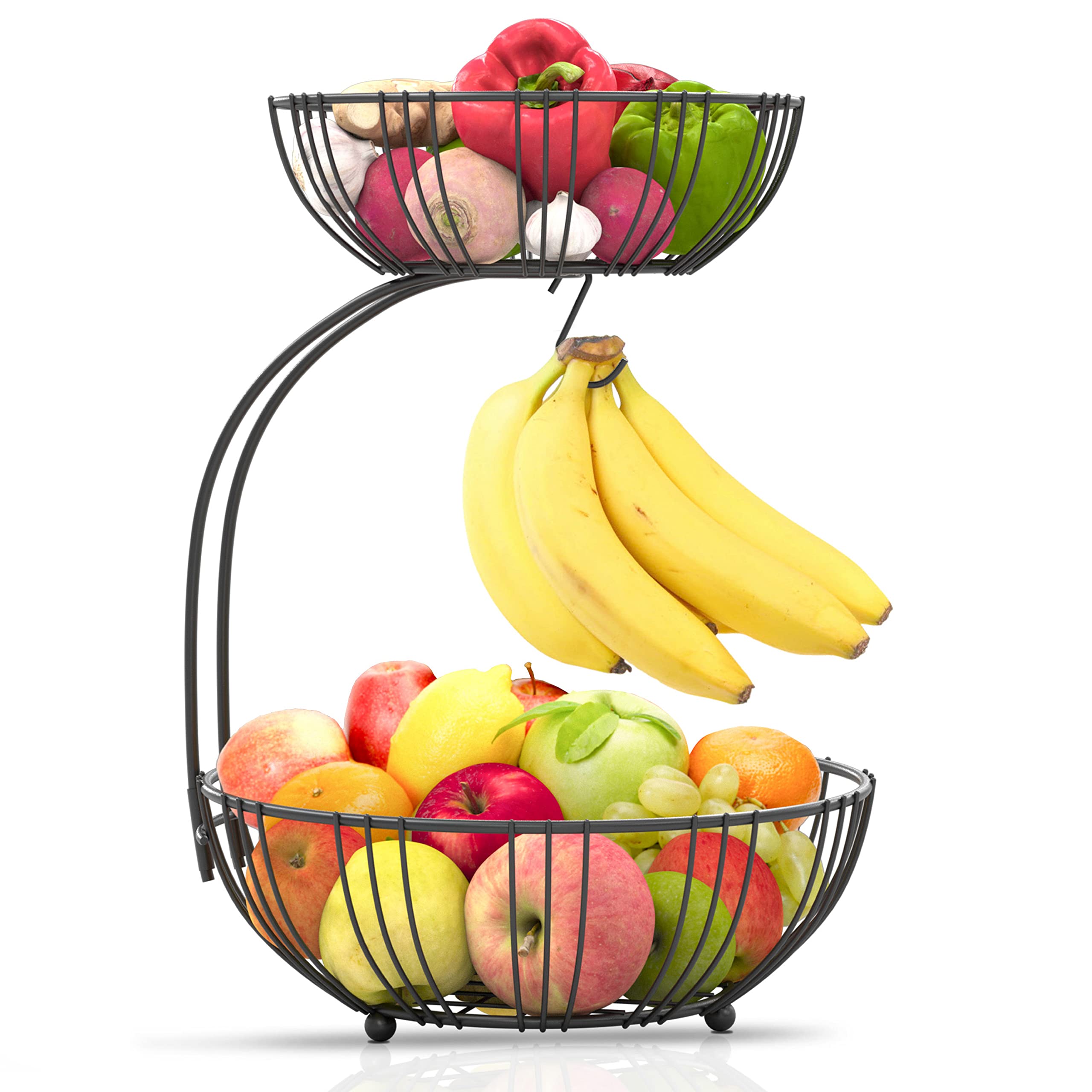 RICCLE Double Layer Metal Wire Fruit Basket with Banana Hanger - Stylish Kitchen Countertop Organizer for Fruits, Vegetables, and Produce - Perfect for Modern Kitchens and Dining Areas