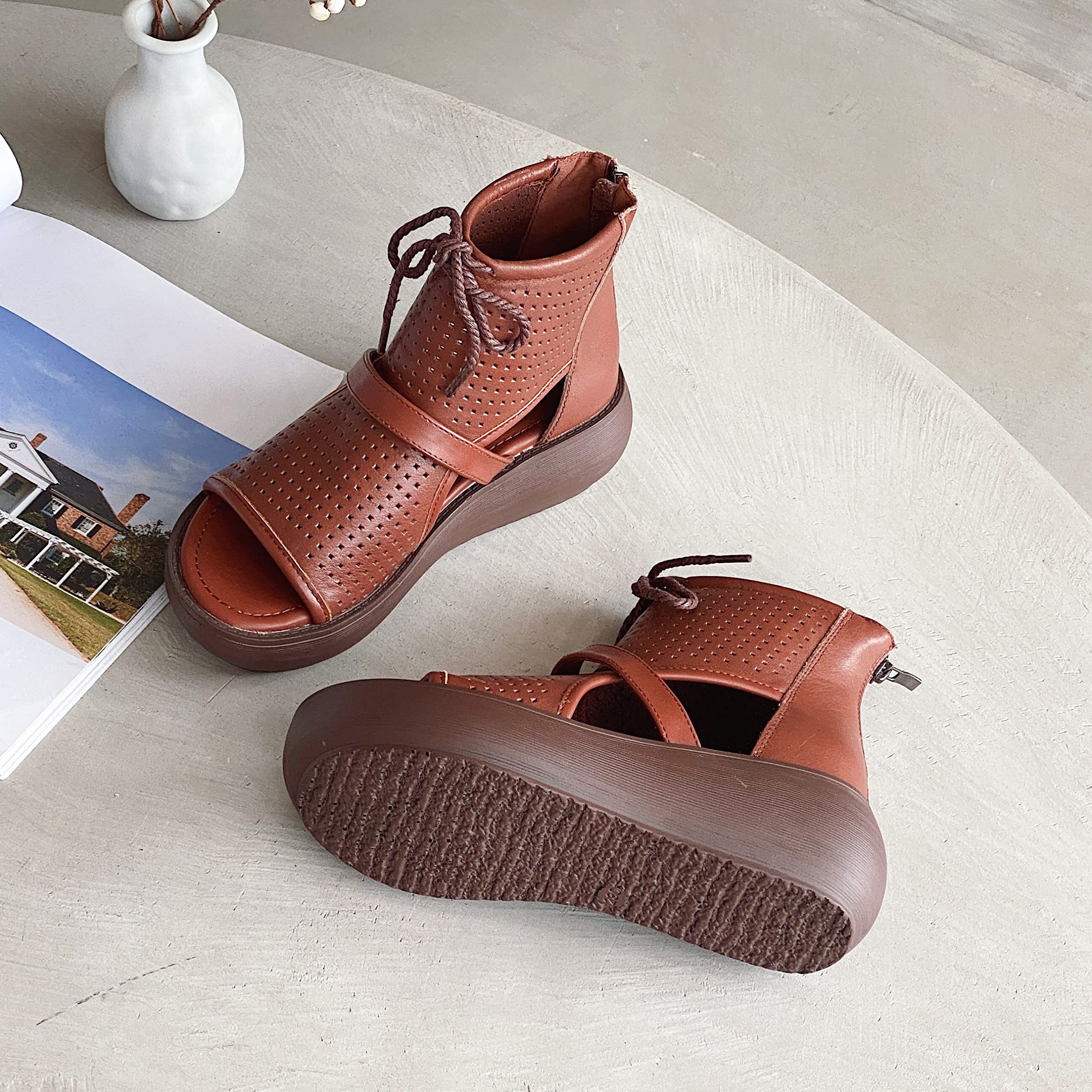 Women's High Top Leather Boot Sandals with Open Toe Cutout Design - Stylish Summer Fashion for Casual Outings, Beach Walks & Outdoor Adventures