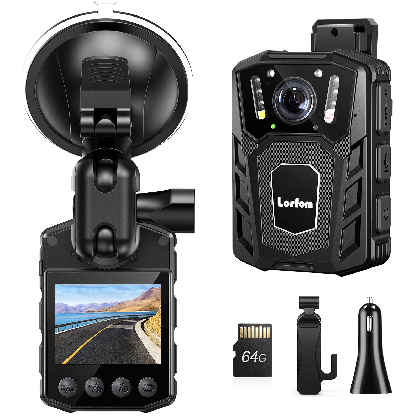 WD1 1080P HD Police Body Camera with Audio & Infrared Night Vision - 2-in-1 Wearable Dash Cam for Cars with Suction Cup Mount, 64GB Memory - Ideal for Law Enforcement, Security Patrols & Vehicle Recording