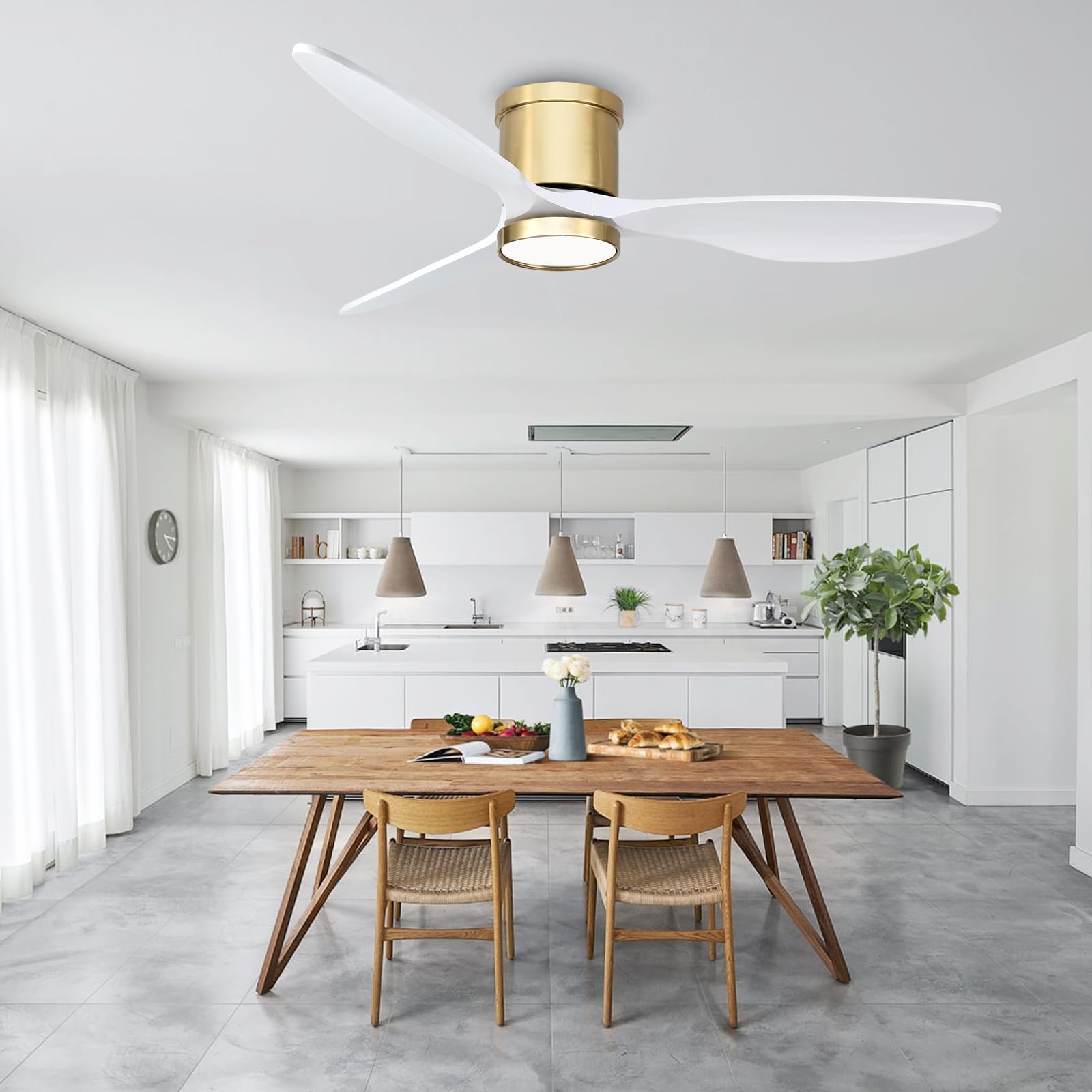 Ovlaim 52 Inch Smart Wood Ceiling Fan with Light and Remote Control - 3 Blade White Gold Modern Low Profile Flush Mount - Quiet DC Motor for Bedroom, Living Room, Office - Perfect for Home Cooling and Stylish Decor