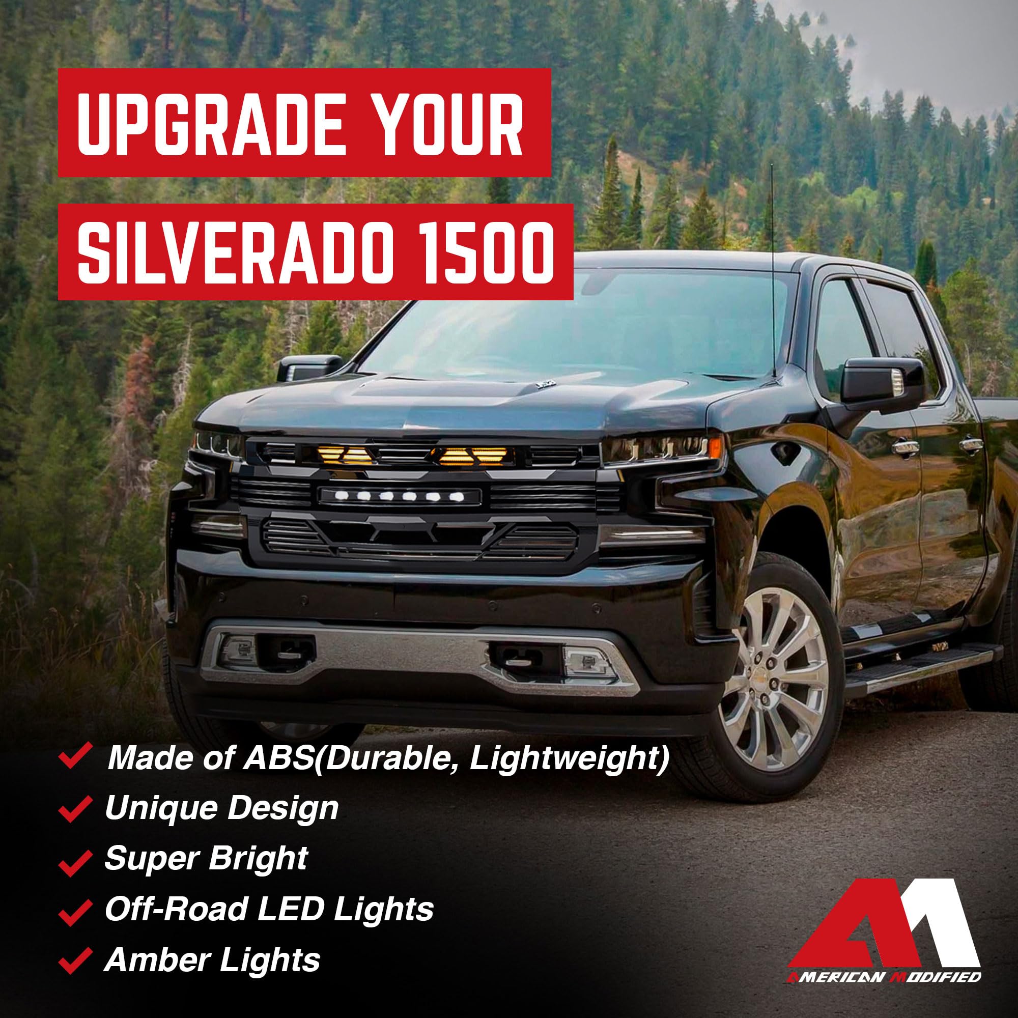 19-21 Chevy Silverado 1500 LED Armor Grille with Off-Road Lights - Glossy Black | Durable Front Bumper Protection for Off-Roading & Night Driving