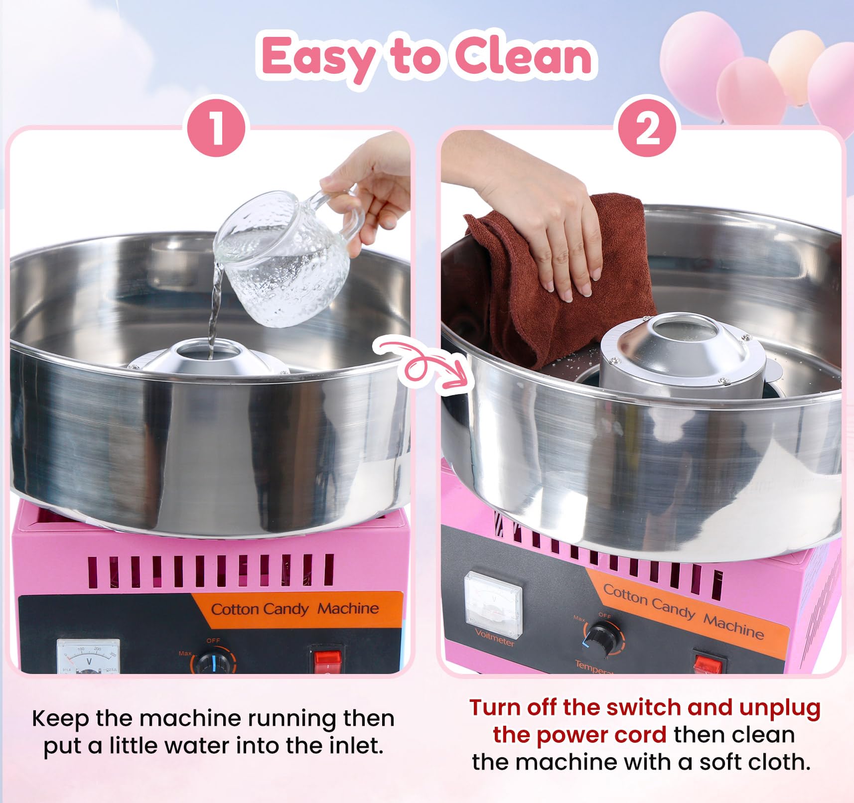Commercial Cotton Candy Machine 1000W - Electric Candy Floss Maker with Stainless Steel Bowl & Sugar Scoop - Perfect for Kids Birthday Parties, Carnival Events, and Family Gatherings (Pink)