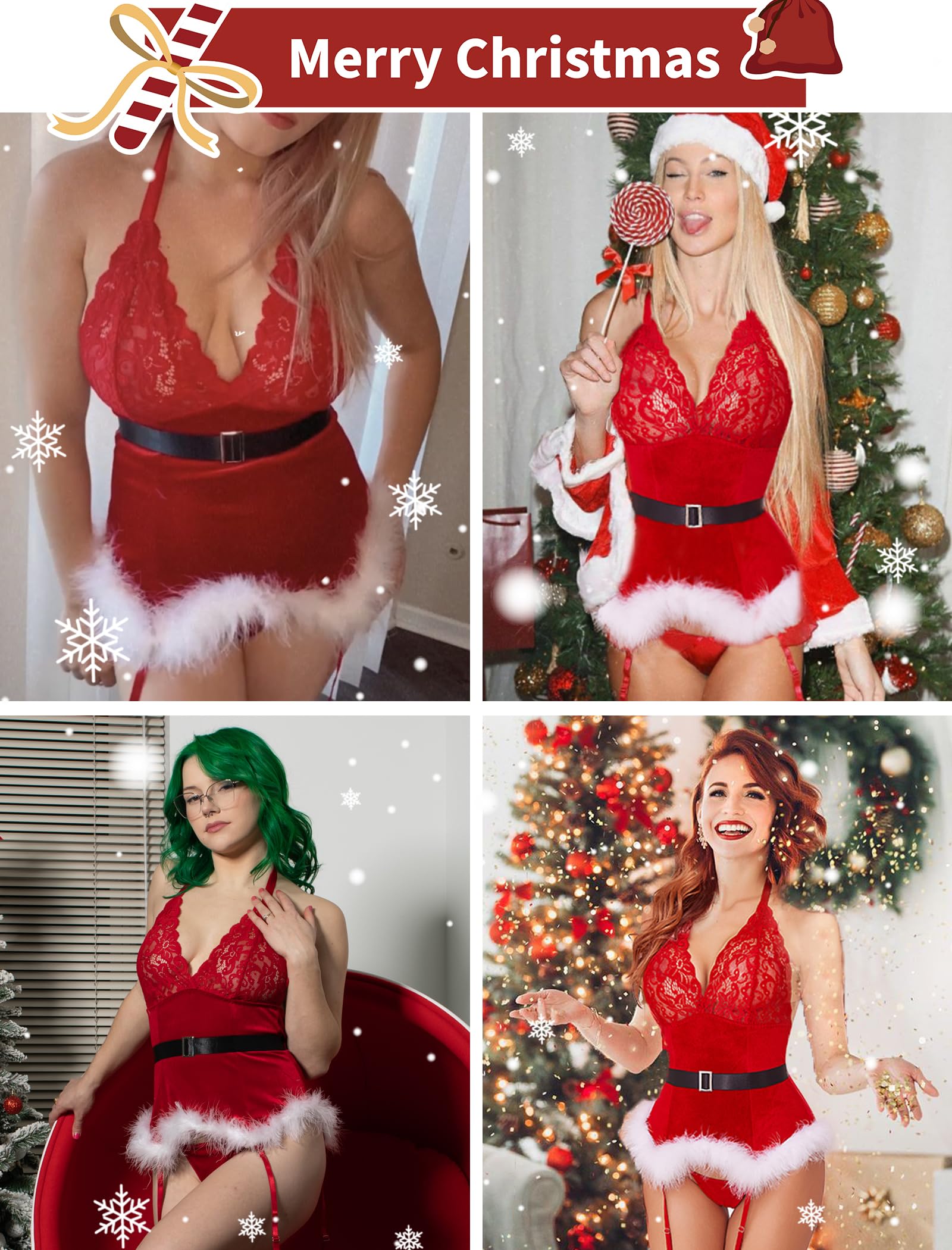 **Avidlove Women's Christmas Lingerie Set - Santa Babydoll Lace Chemise with Garter Bustier (No Stockings) S-XXL | Holiday Party, Valentine's Gift, Boudoir Photo Shoot**