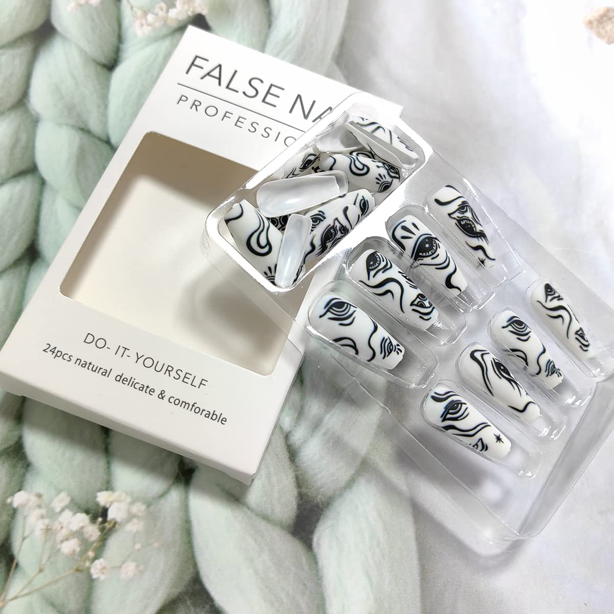 24 Pcs Coffin Press on Nails - Medium Length Gothic Eye False Nails with Horror Designs, White Glue on Fake Nails, Reusable Acrylic Artificial Nails for Women & Girls - Perfect for Halloween, Cosplay, and Gothic Fashion