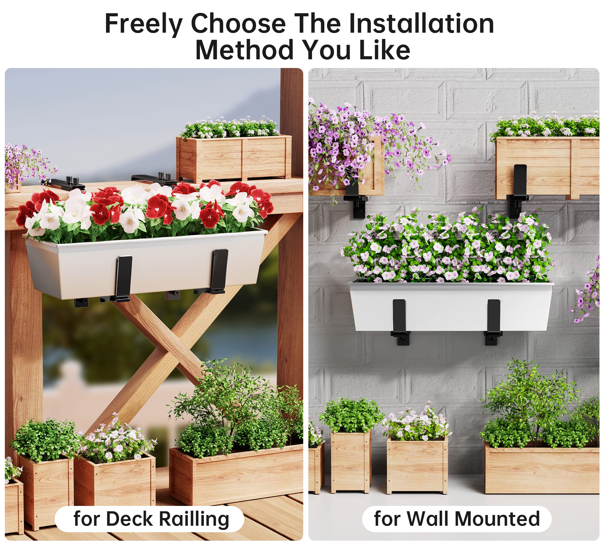 Y&M 4-Pack Adjustable Deck Railing Planter Box Brackets (6-12.5 Inch) - Heavy Duty Iron Window Box Hooks for Balcony, Fence, Patio & Garden - Black | Perfect for Hanging Flower Boxes on Railings, Walls & Outdoor Spaces