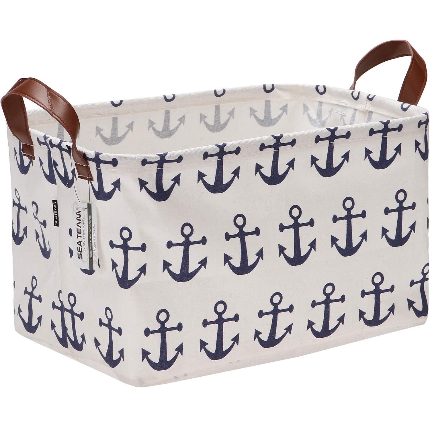 Sea Team Large Collapsible Canvas Storage Bin - 16.5 x 11.8 Inch Nautical Anchor Pattern Shelf Basket - Navy Blue Toy Organizer for Kids Room, Nursery, or Playroom Storage