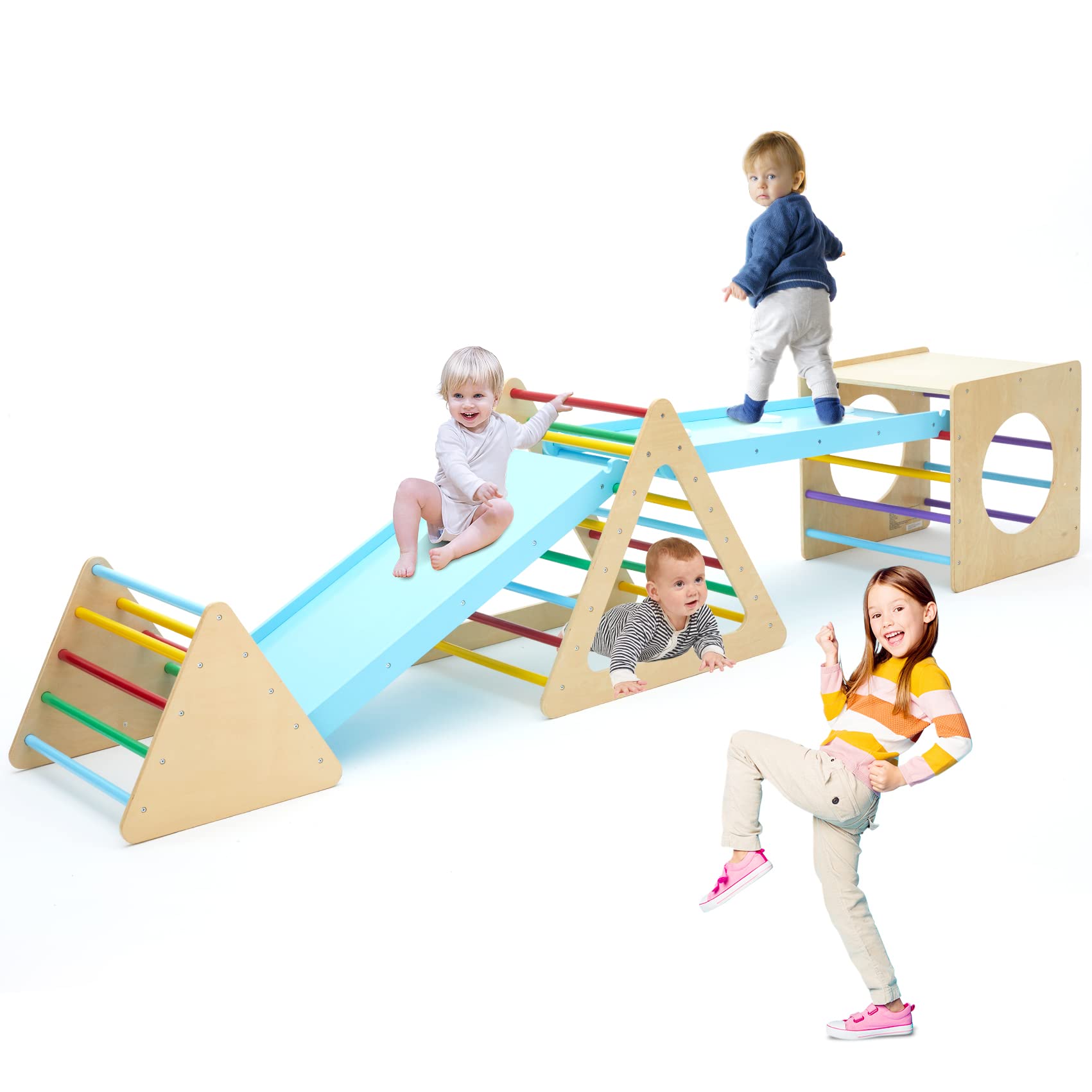 5-in-1 Wooden Triangle Climbing Set for Toddlers - Indoor Play Gym with 1 Square, 2 Triangle Climbers & 2 Ramps - Perfect for Climbing, Sliding & Walking - Ideal for Home Playrooms, Daycare Centers & Montessori Learning Environments