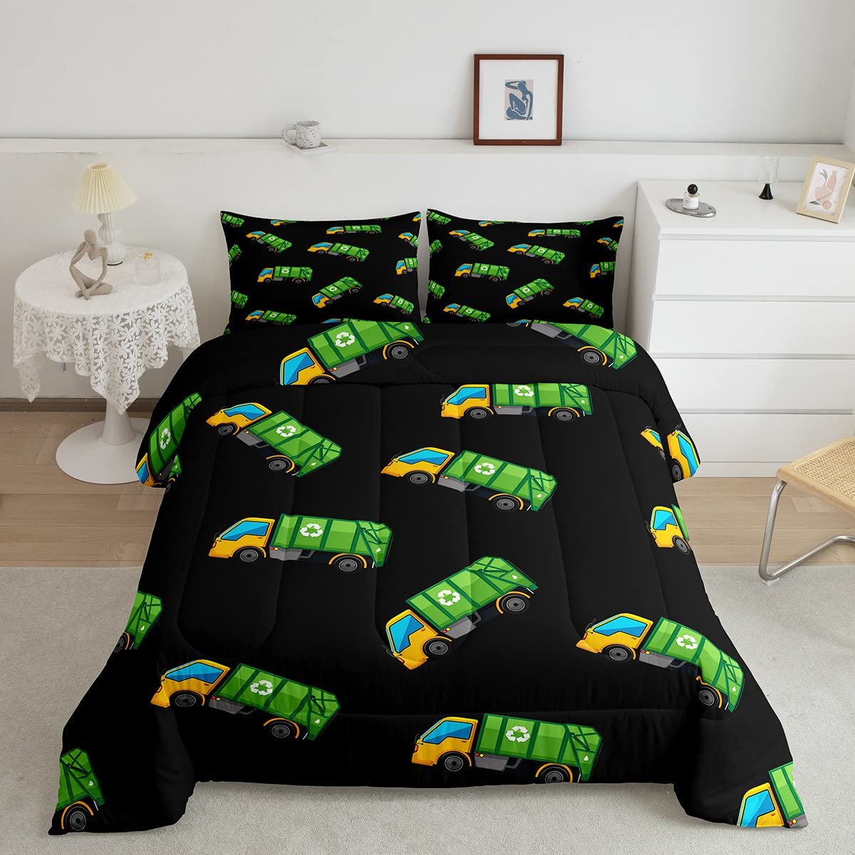 Green Waste Management Recycling Truck Comforter Set - Queen Size Black Cartoon Duvet with Pillowcases | Down Alternative Bedding for Kids' Room & Truck-Themed Nursery Decor