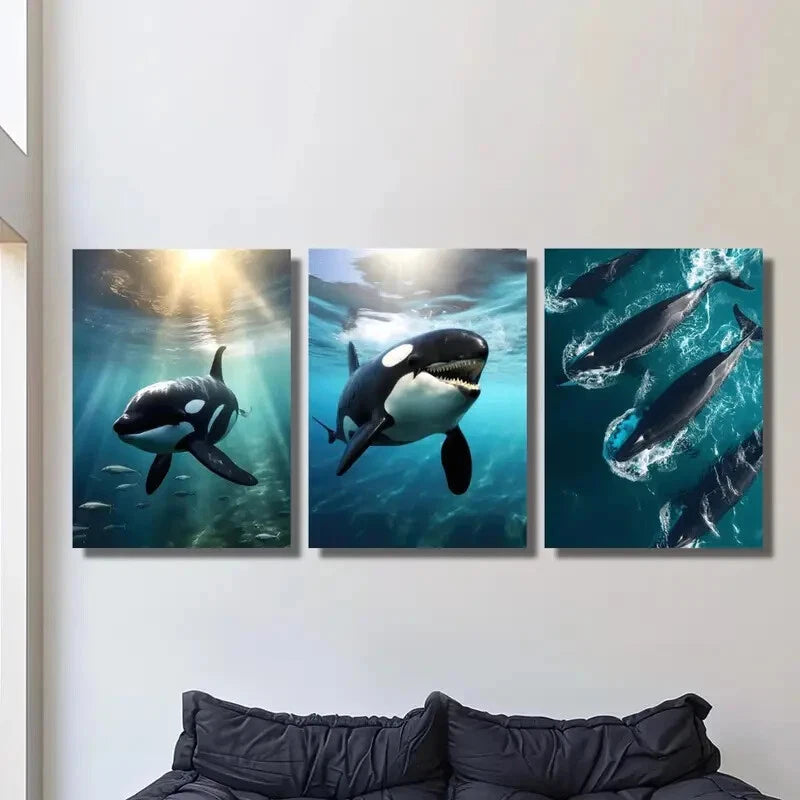 3-Piece Fish Animal Theme Ink Painting Metal Print Wall Art - Ready to Hang - Perfect for Living Room, Bedroom, Office & Home Decor