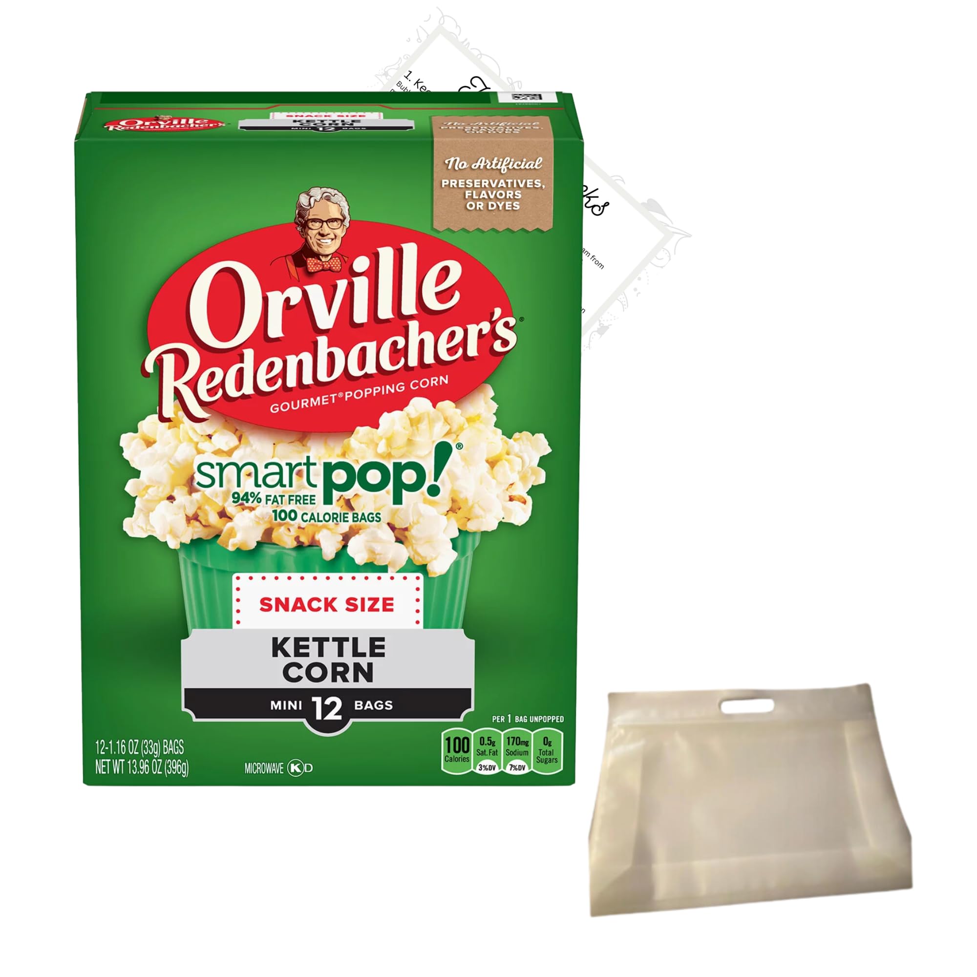 Orville Redenbacher SmartPop! Kettle Corn Popcorn - 12 Mini Bags Bundle with Reusable Snack Pouch & Kitchen Hack Card - Healthy Microwave Popcorn Snacks for Movie Nights, Office Breakroom & School Lunches