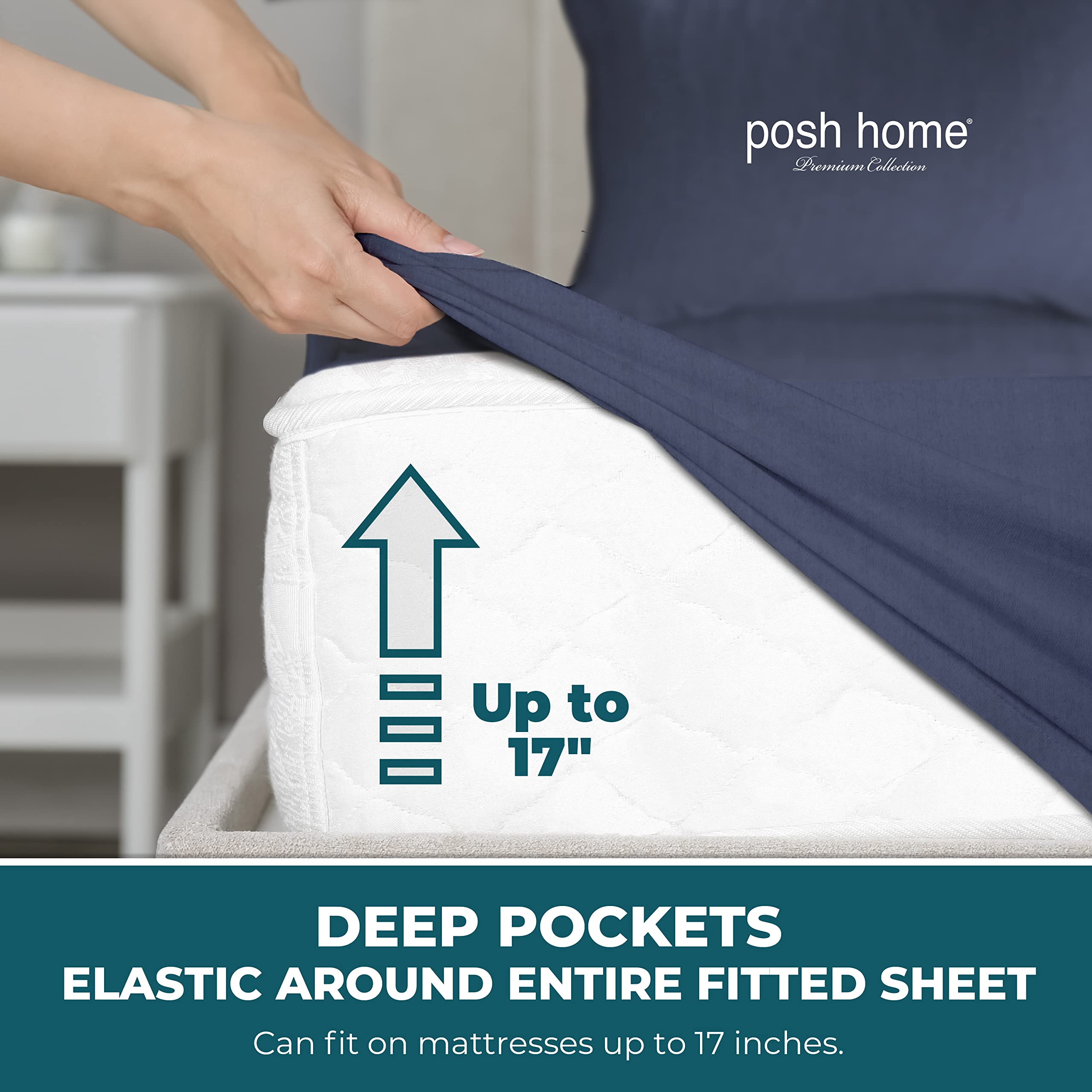 Posh Home Jersey Knit Sheet Set – 3-Piece Soft & Breathable Cotton Jersey Bed Sheets for Twin Size – Includes Flat Sheet, Fitted Sheet & Pillowcase – Navy Blue – Perfect for Cozy Nights & Comfortable Sleep