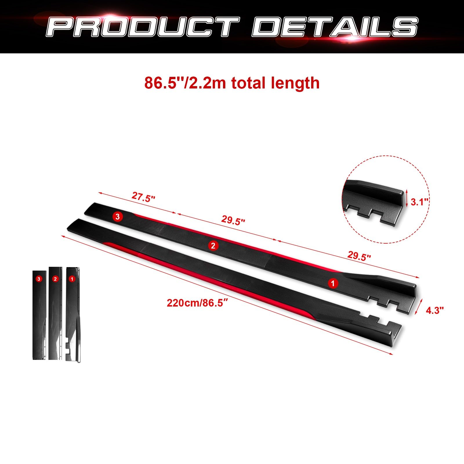 Universal Fit Car Side Skirts - Rocker Panel Protector with Splitter Winglets & Diffuser Bottom Line Extension Body Kit | Durable Automotive Styling Upgrade for Sedans, Coupes & Sports Cars | Street Racing & Show Car Enhancement