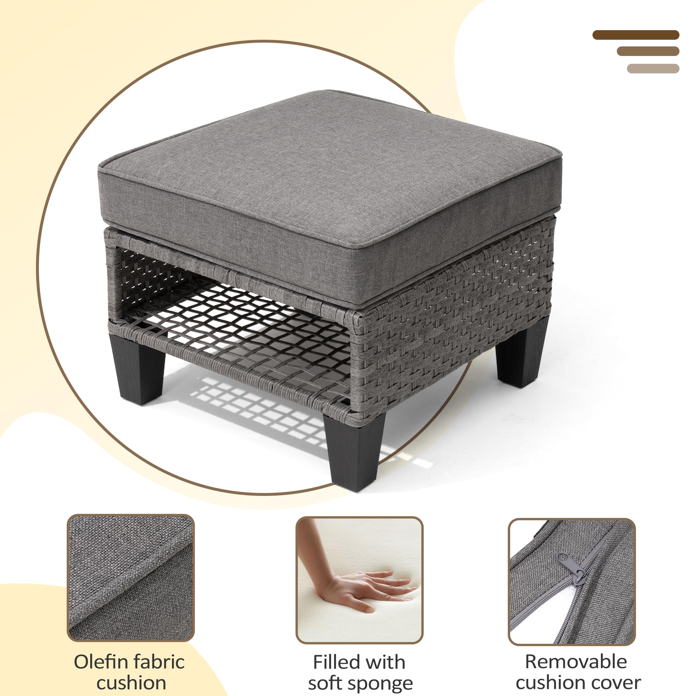 2-Piece Outdoor Patio Wicker Ottoman Set with Removable Cushions - Indoor Rattan Footrest Seat for Living Room, Bedroom, Balcony, Backyard & Garden - Perfect for Relaxing and Decorating Your Home