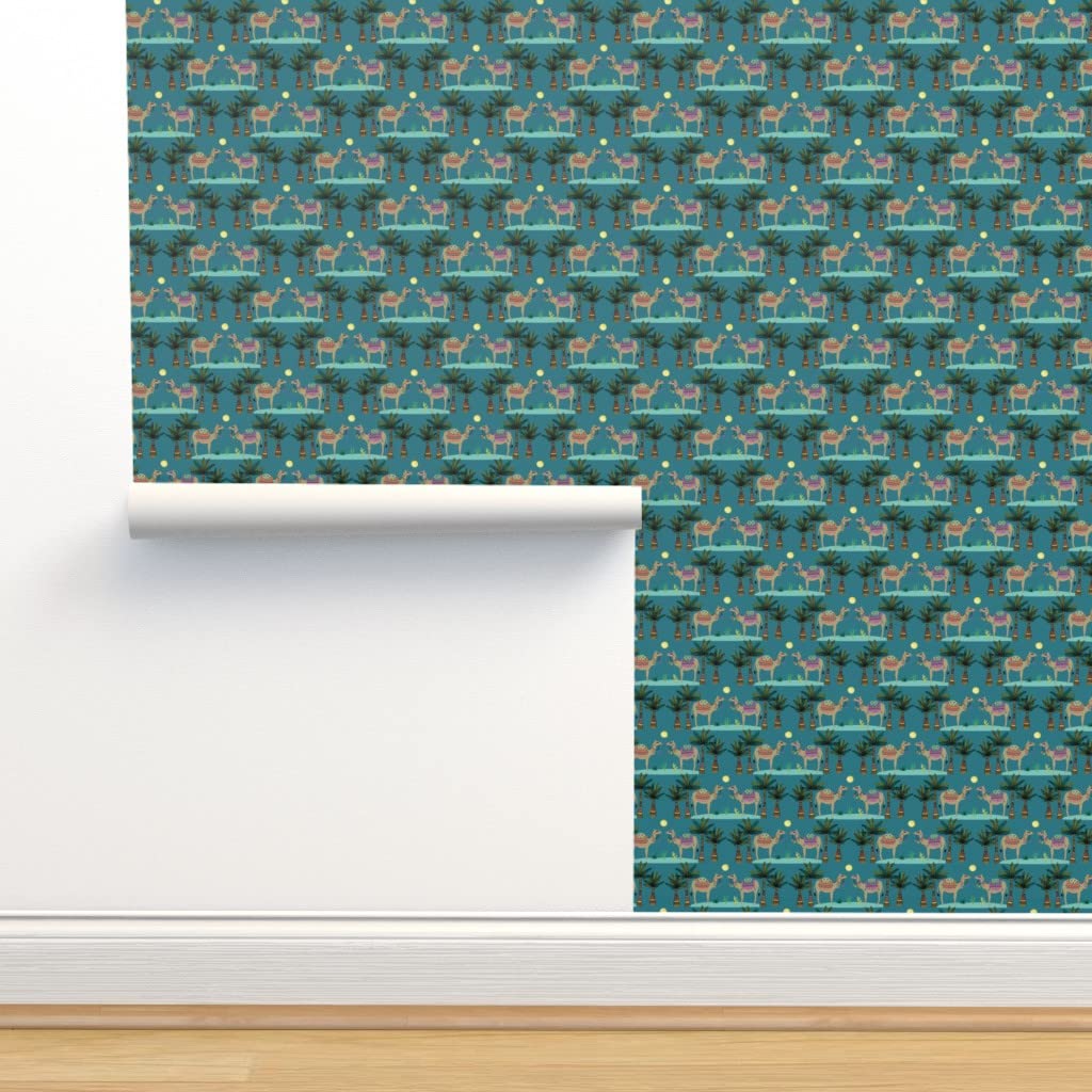 Premium Commercial Grade Wallpaper 27ft x 2ft - Desert Camel Palm Tree Traditional Peel and Stick Wallpaper for Living Room, Bedroom, Office by Spoonflower | Easy Installation & Removable Decor